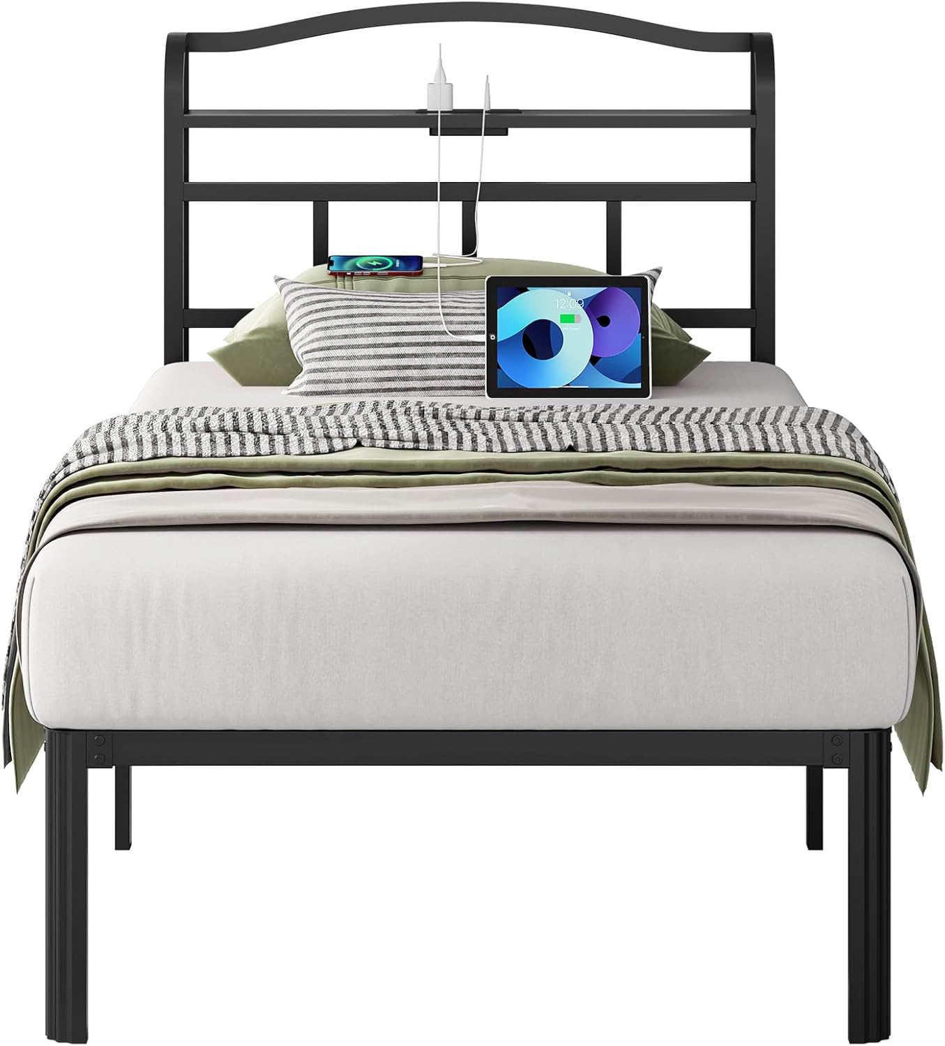 Metal Bed Frame with Headboard and USB & Type C Charging Station