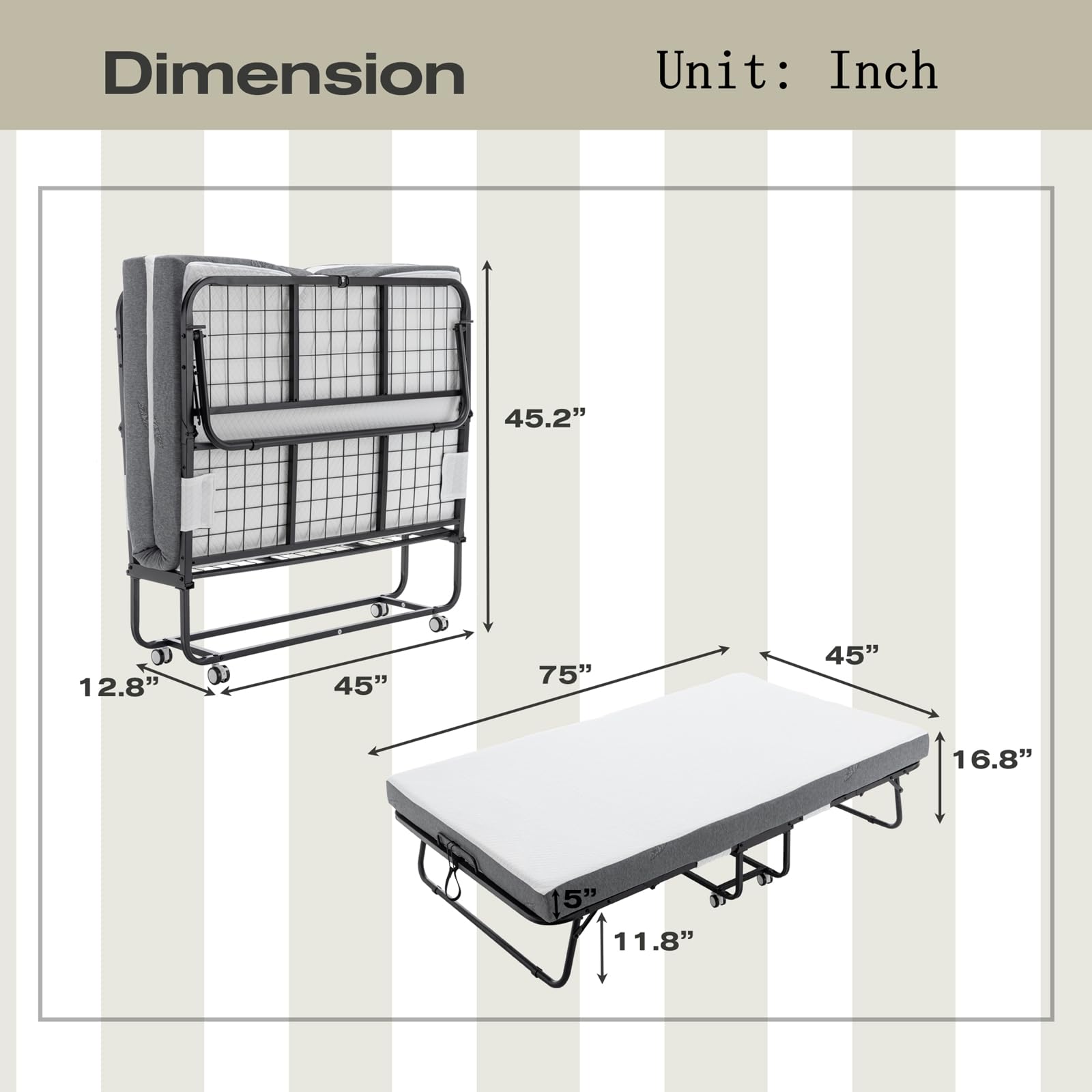 Folding Bed with Mattress - 75" x 45" Full Size Foldable Guest Bed