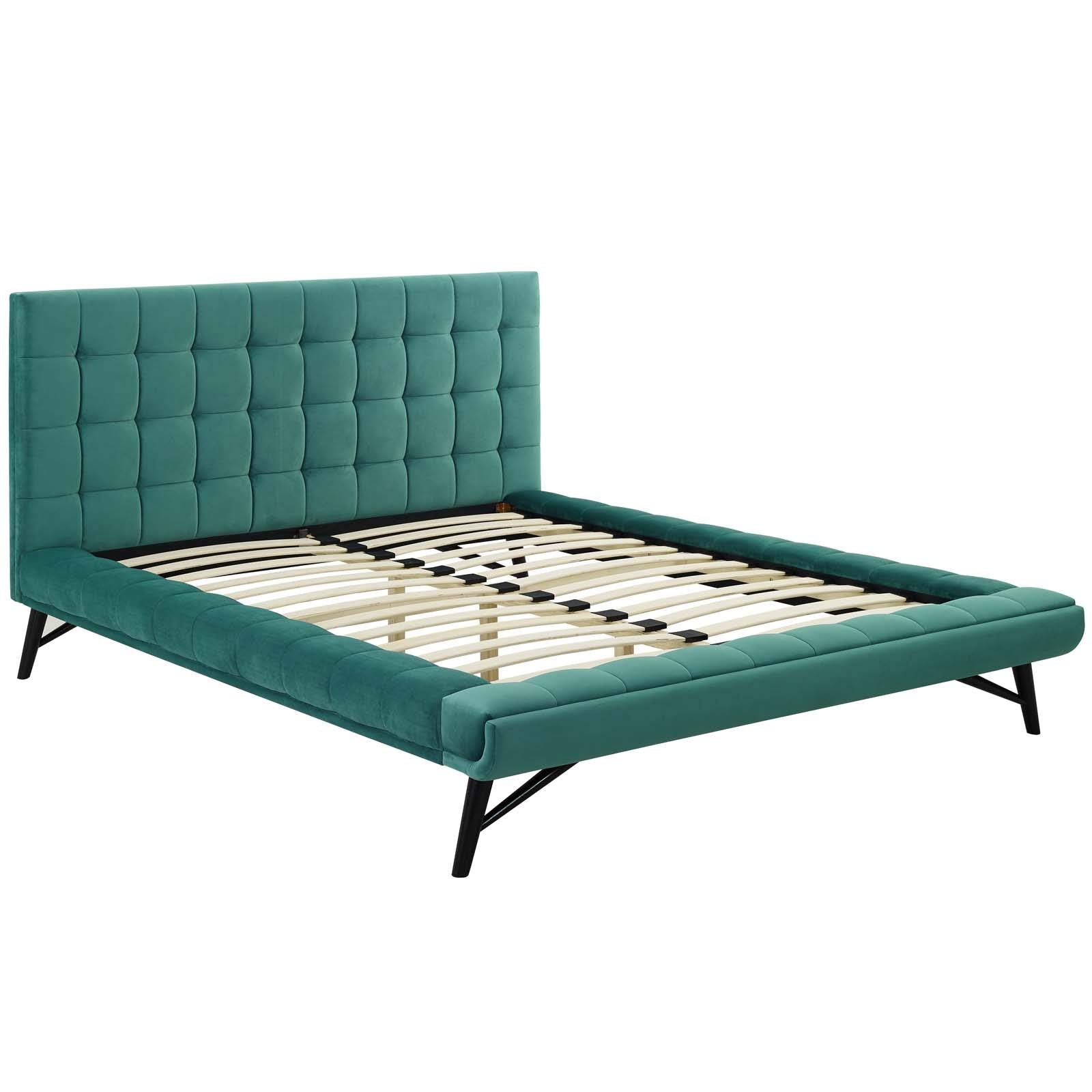 Julia Mid-Century Biscuit Tufted Performance Velvet Queen Platform Bed in Teal