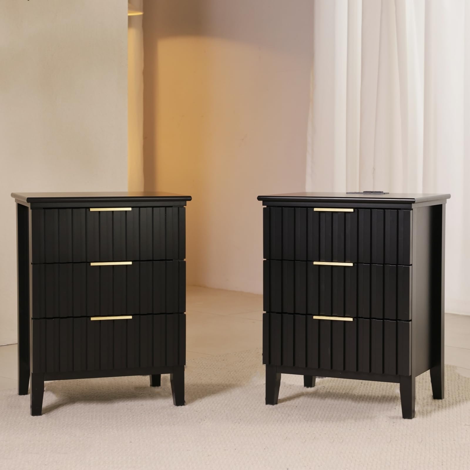 Fluted Nightstands Set of 2, Black Wooden Night Stands with 3 Drawers