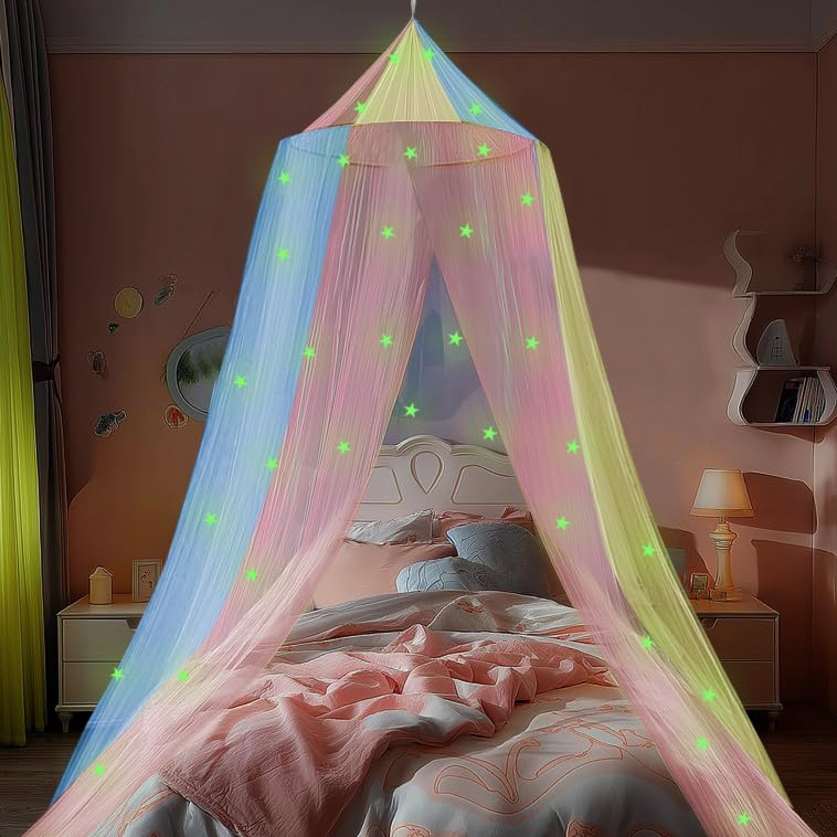 Princess Rainbow Bed Canopy for Girls with Glow-in-The-Dark Stars