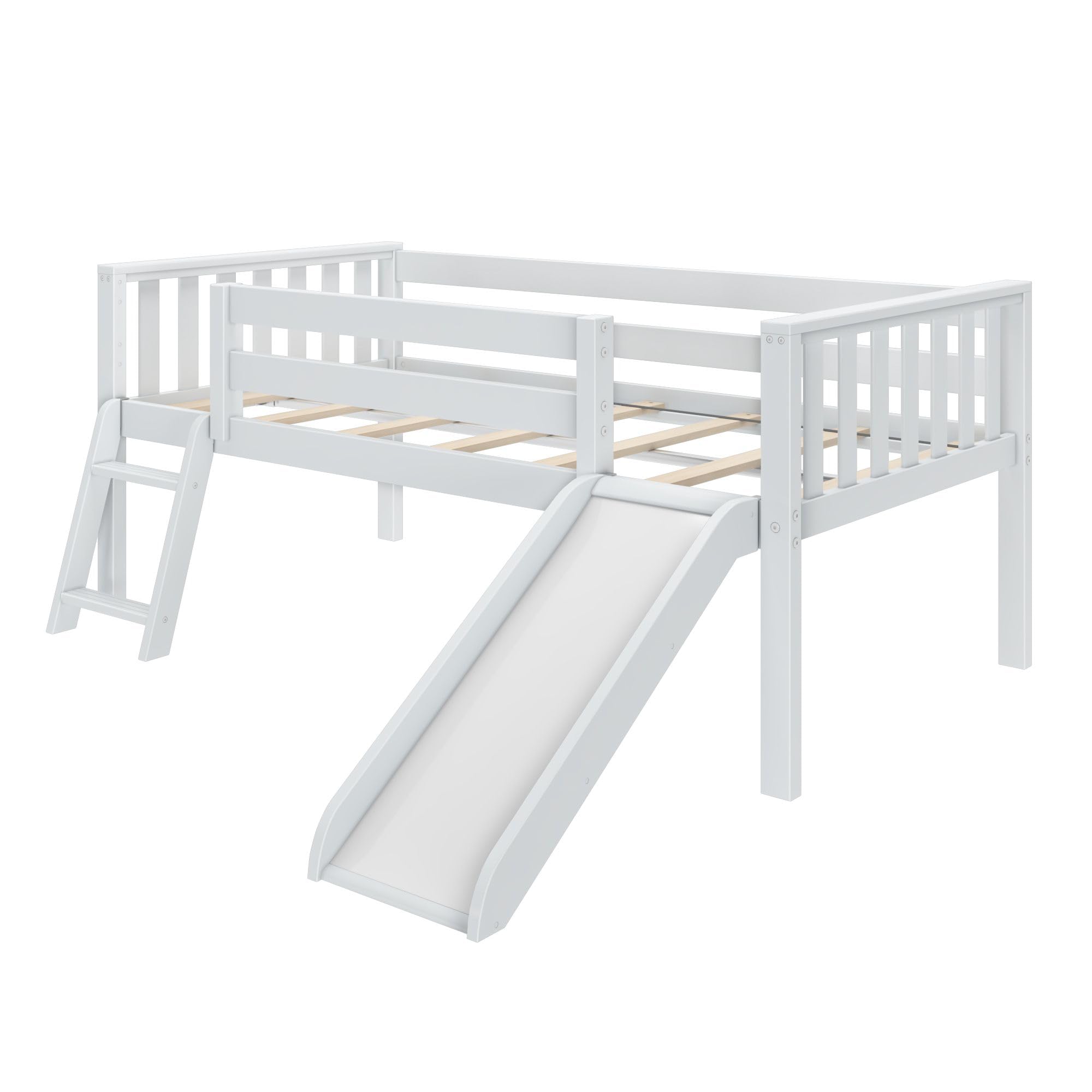 Twin Ultra Low Loft Bed with Slide and Climbing Ladder, Solid Wood