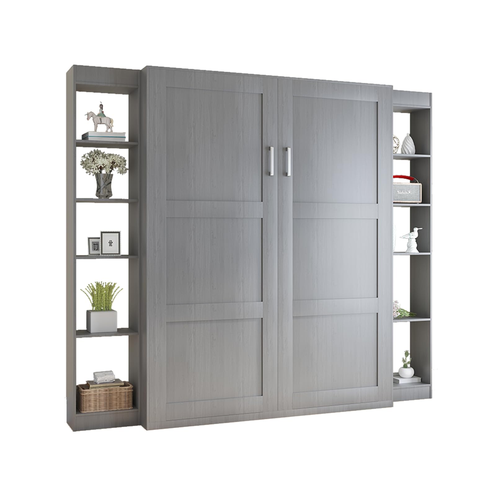 Queen Murphy Bed with 2 Side Cabinets, Folding Wall Bed for Bedroom