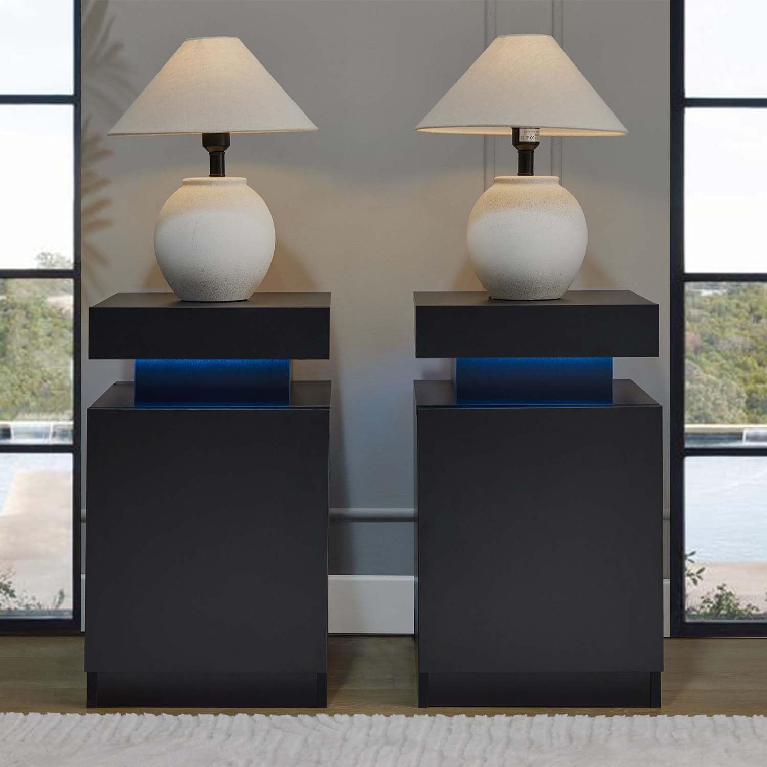 with LED Lights Set of 2, Black Night Stands Set End Side Table
