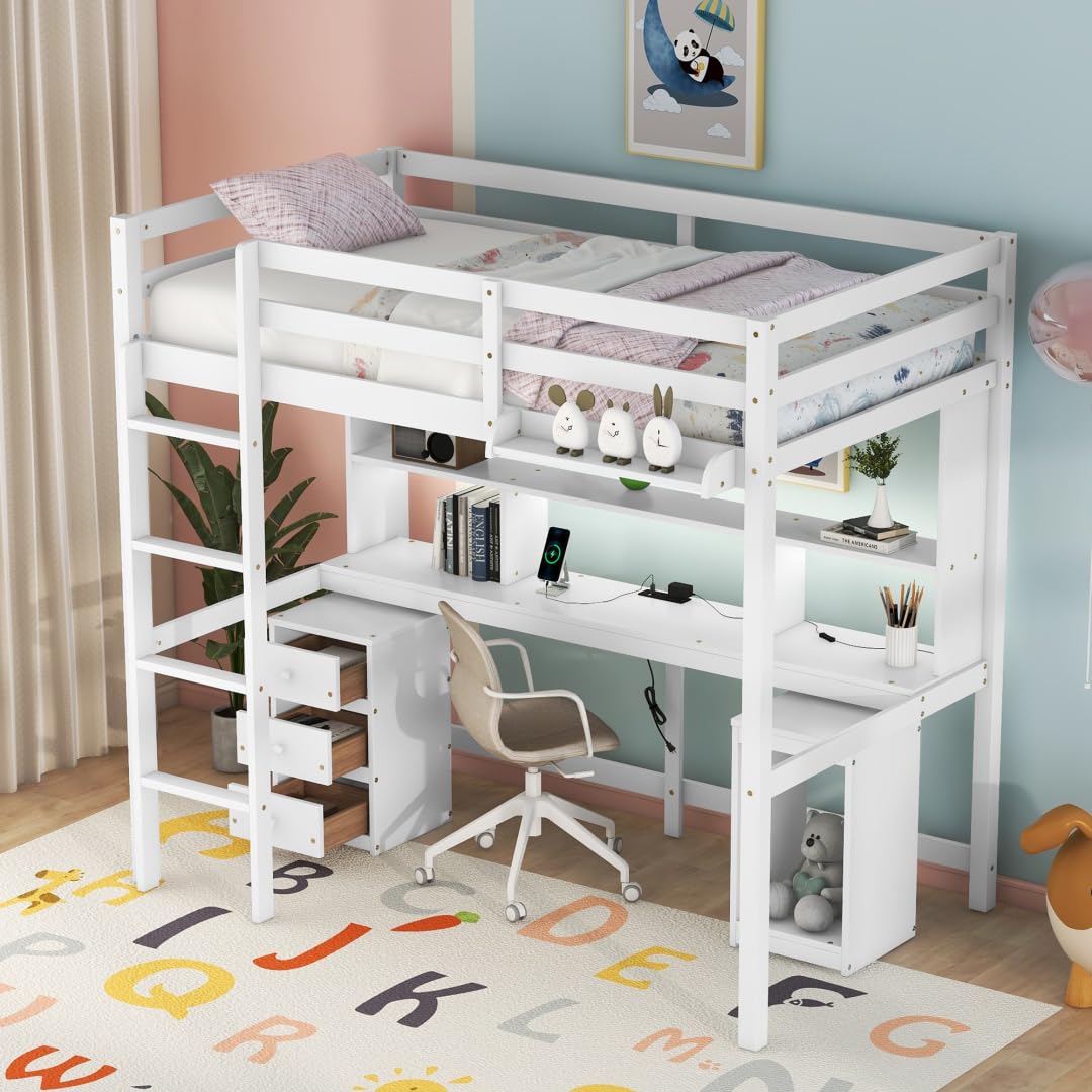 Full Size Loft Bed with Multi-Storage Desk,LED Light and Bedside Tray