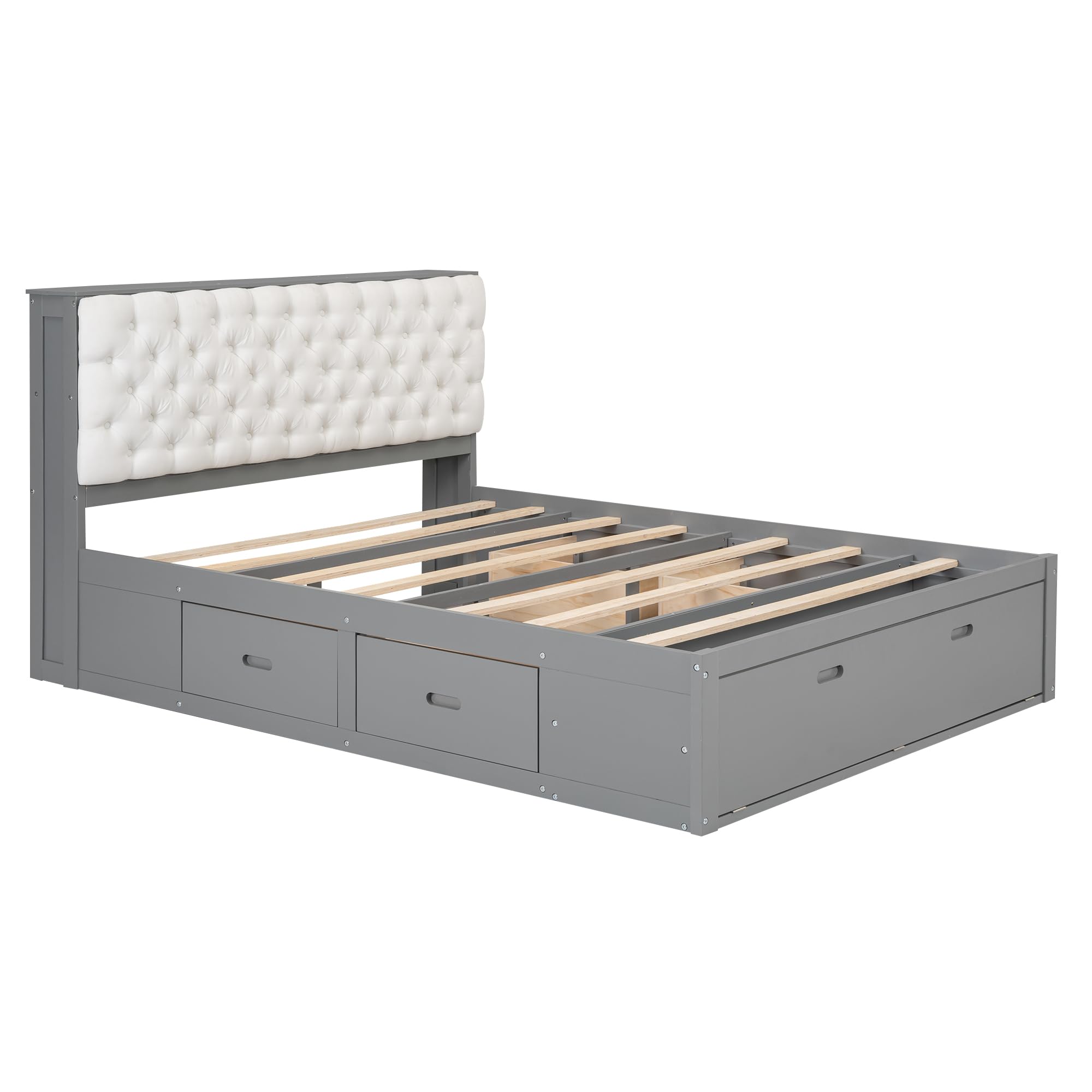Bed with Shoes Rack, Wood Platform Bed with Upholstered Headboard