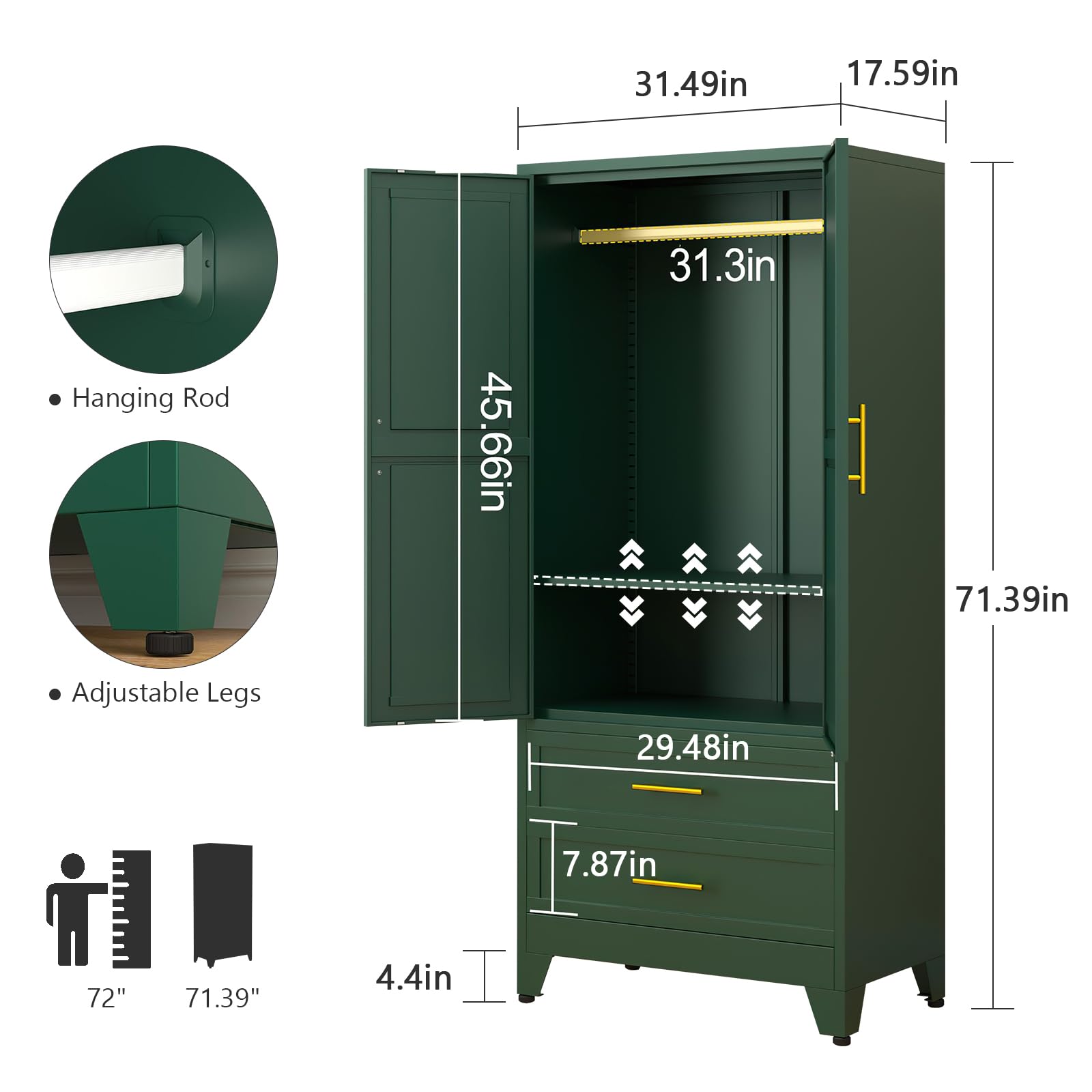71" Metal Armoire Wardrobe Closet with 2 Drawers, Freestanding 2-Door