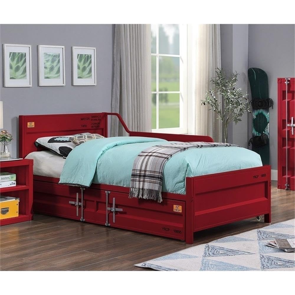 Metal Frame Twin Daybed with Trundle in Red