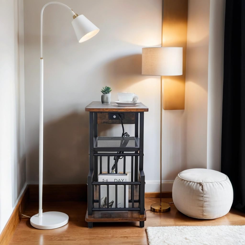 Side Table with Charging Station, Wood End Table with USB Ports and Outlets