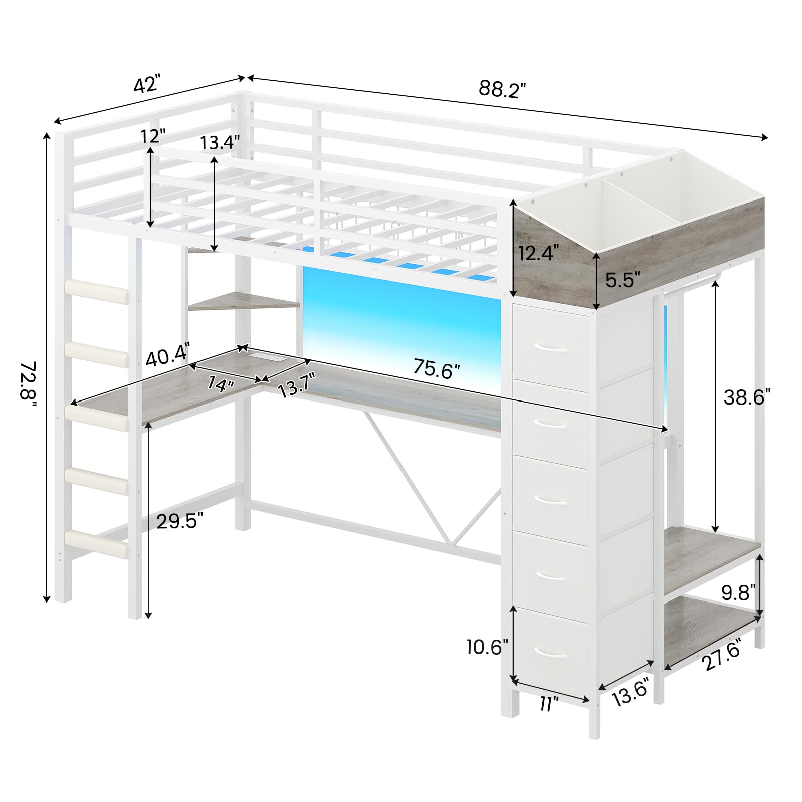 Loft Bed Twin Size with Hall Tree, Charging Station and LED Lights