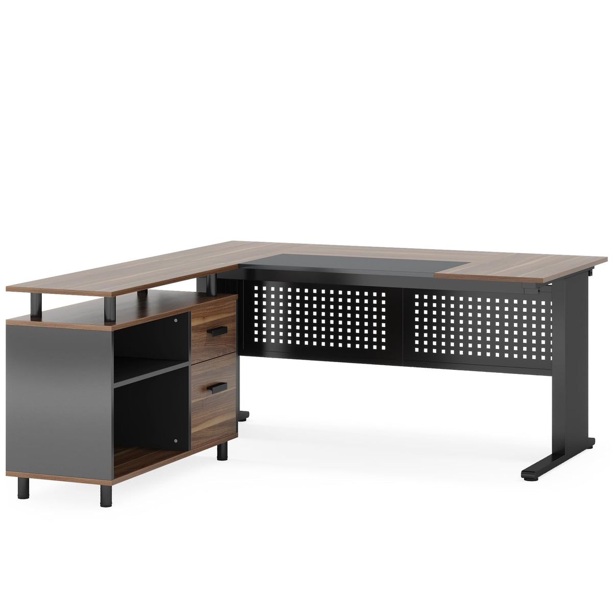63" L-Shaped Executive Desk with File Cabinet & Storage Shelves