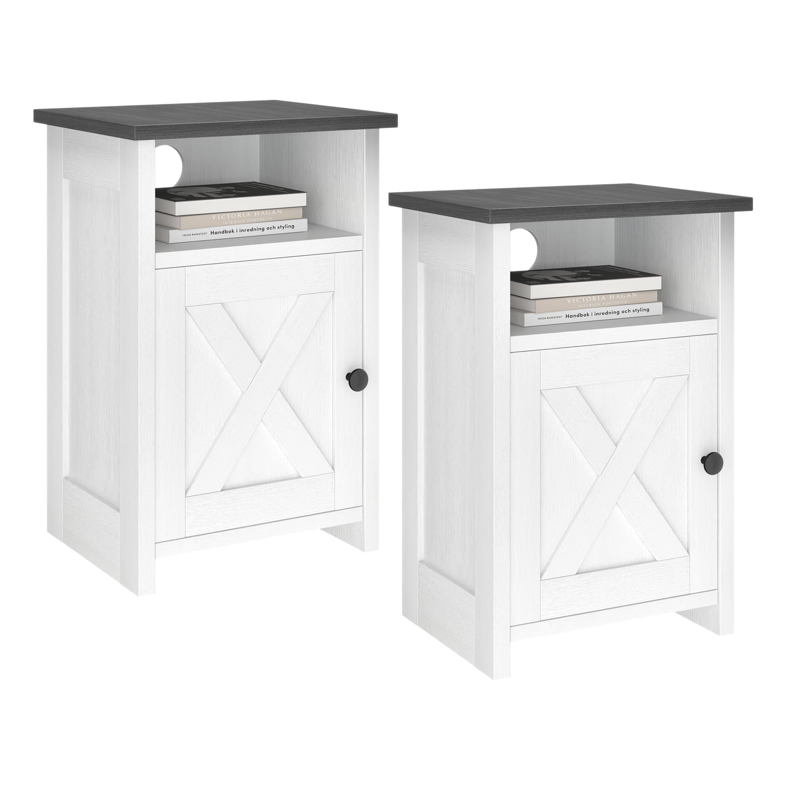 Farmhouse End Table Set of 2, Nightstands with Barn Door and Storage Shelf