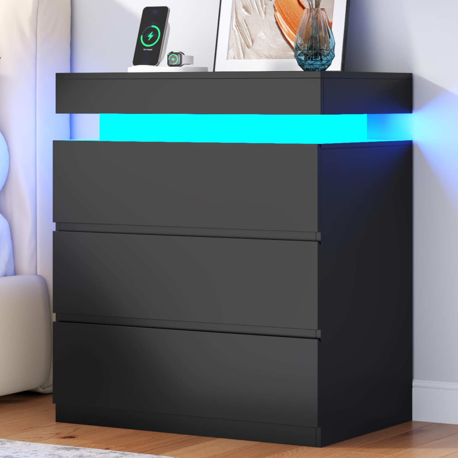 with Charging Station and LED Lights, Night Stand with 3 Large Drawers