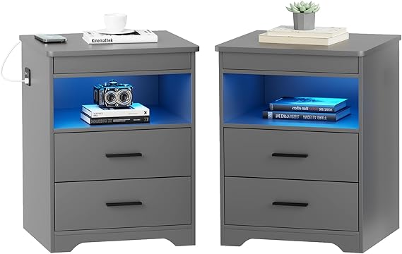 LED Nightstand with Gun Drawer, Modern Beside Table with Charging Station
