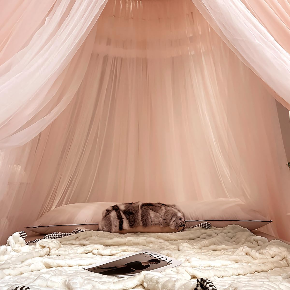 Dreamy Bed Canopy for Girls, Princess Canopy Curtains Double Layer Sheer Mesh