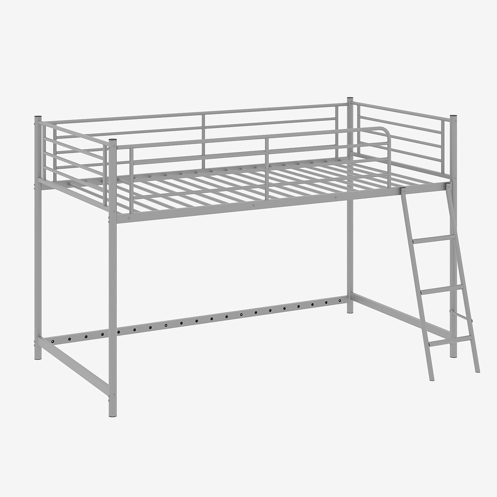 Low Loft Bed with Inclined Ladder, Metal Twin Size Bed Frame with 15” High