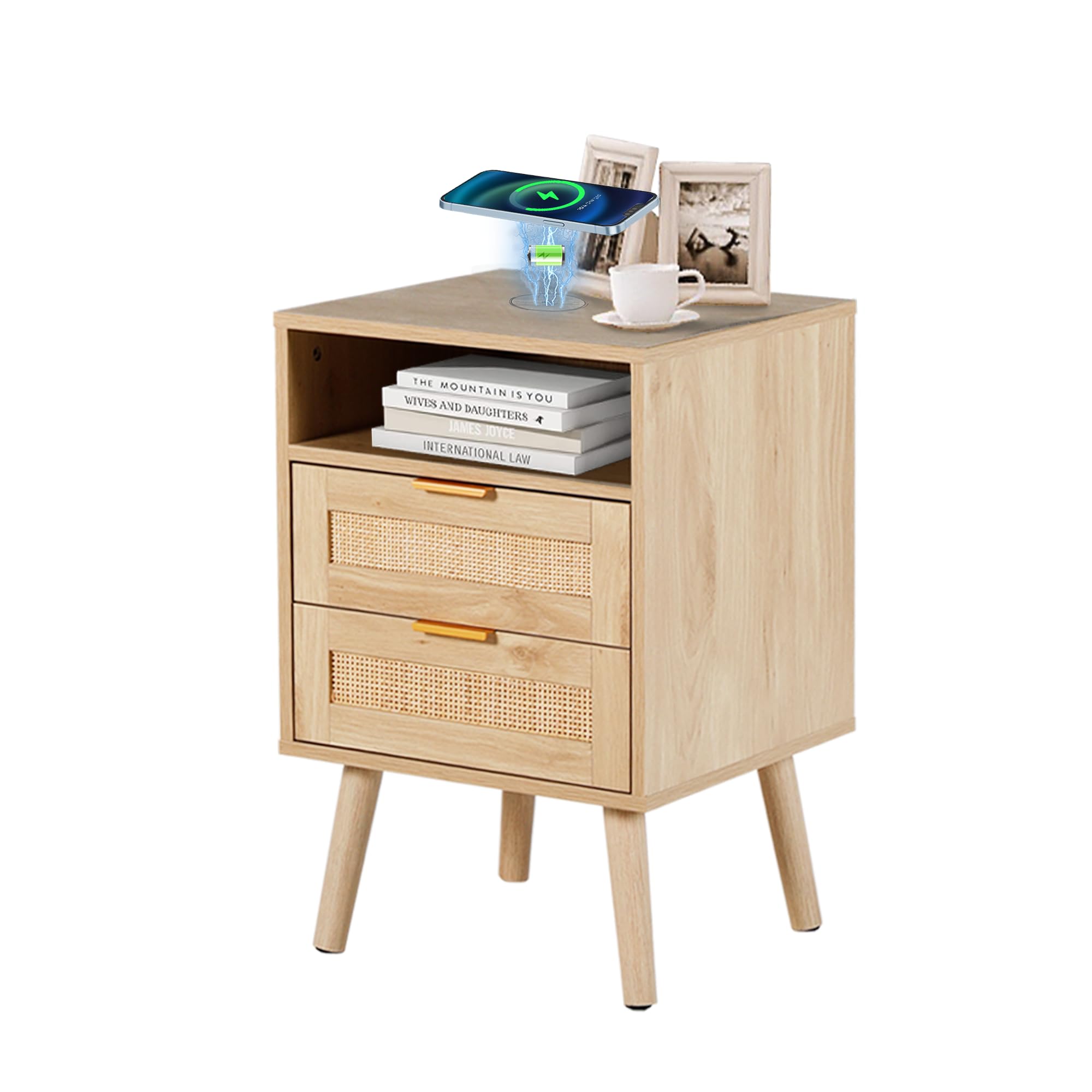 Rattan Nightstand with Wireless Charging Station Modern Bedside Tables