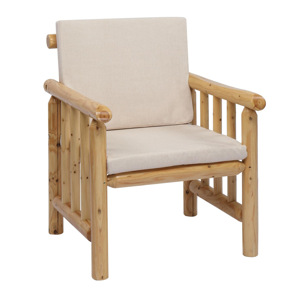 Solid Fir Wood Outdoor Armchair with Cushion & Wide Seat