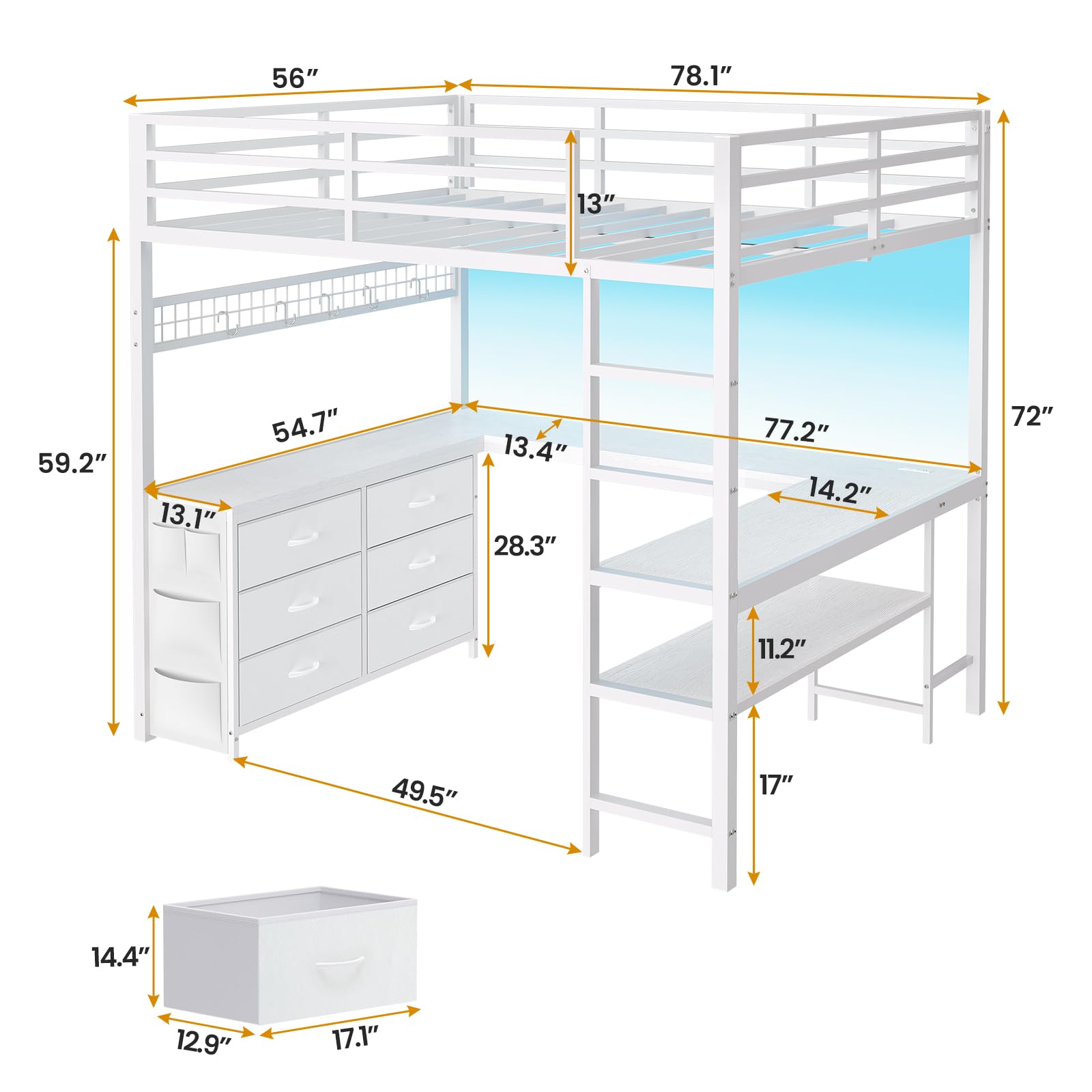 Loft Bed Full Size with U-Shaped Desk, 6 Storage Drawers, Power Outlet