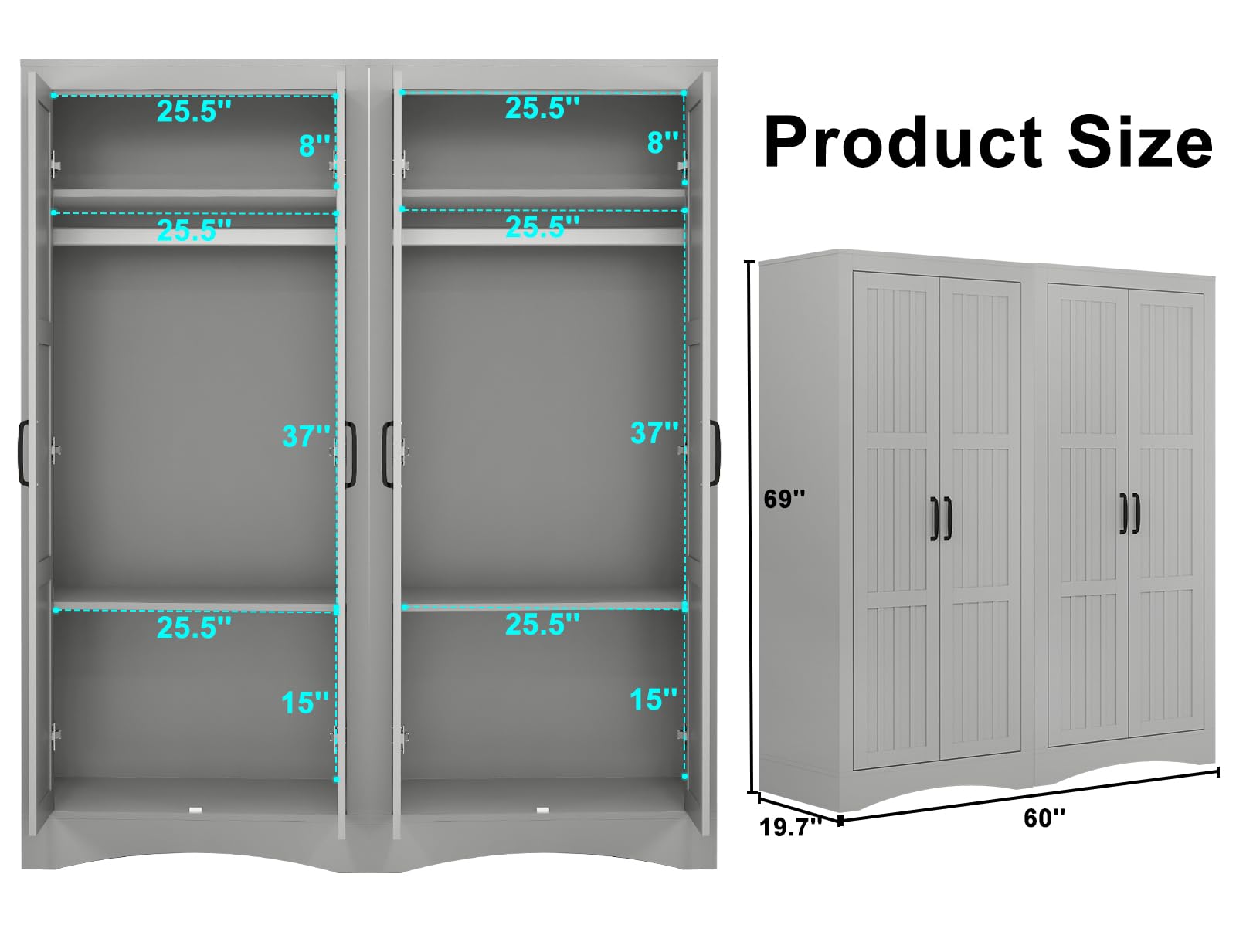 Closet with 4 Doors, Wooden Modern Freestanding Armoire