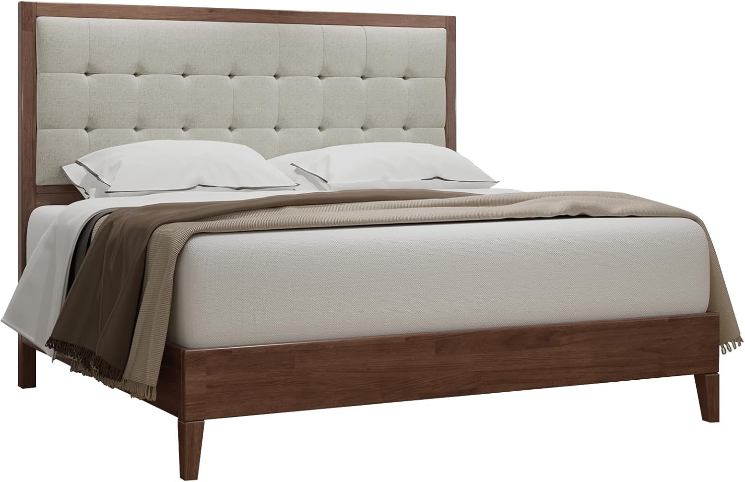 Wood Platform Bed Frame Queen Size Upholstered Tufted Headboard/Solid Wood