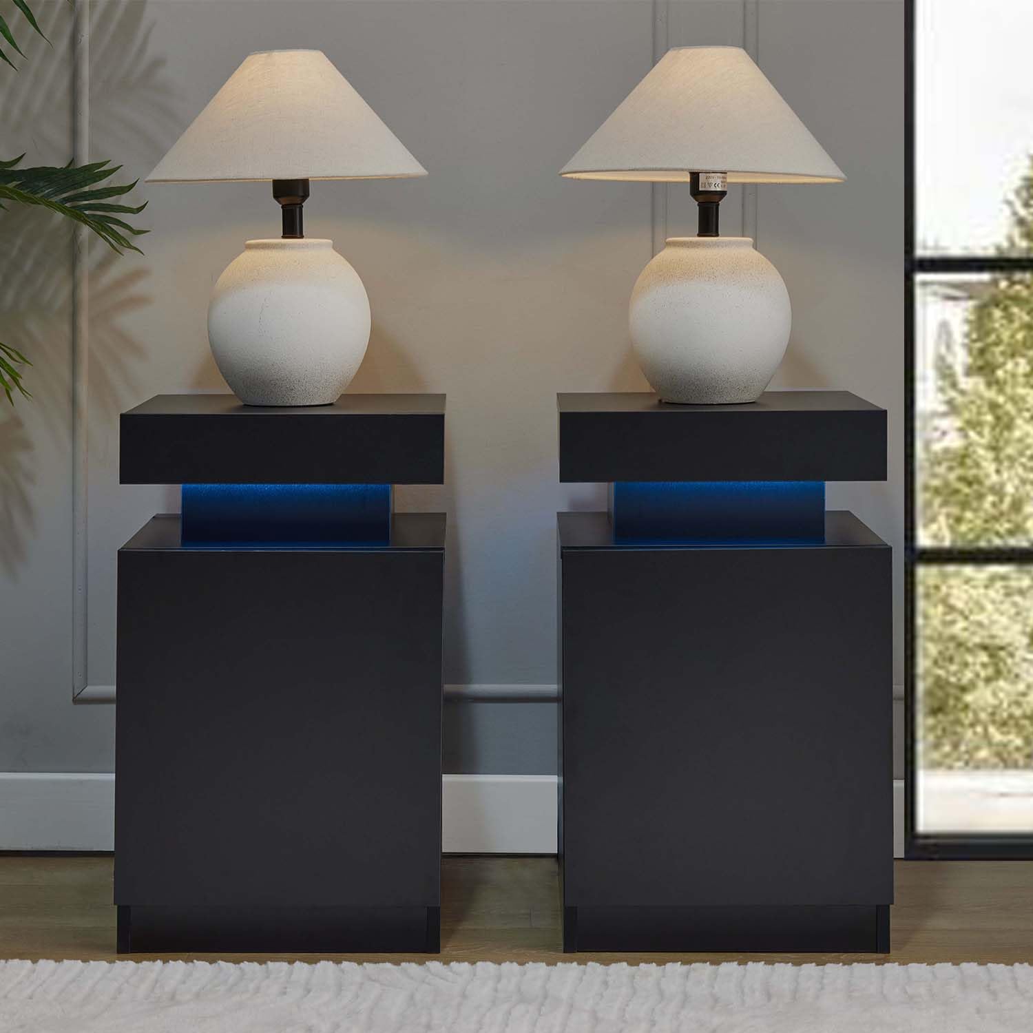 Black Nightstands with Set of 2, LED End Table Set with One Storage Cabinet