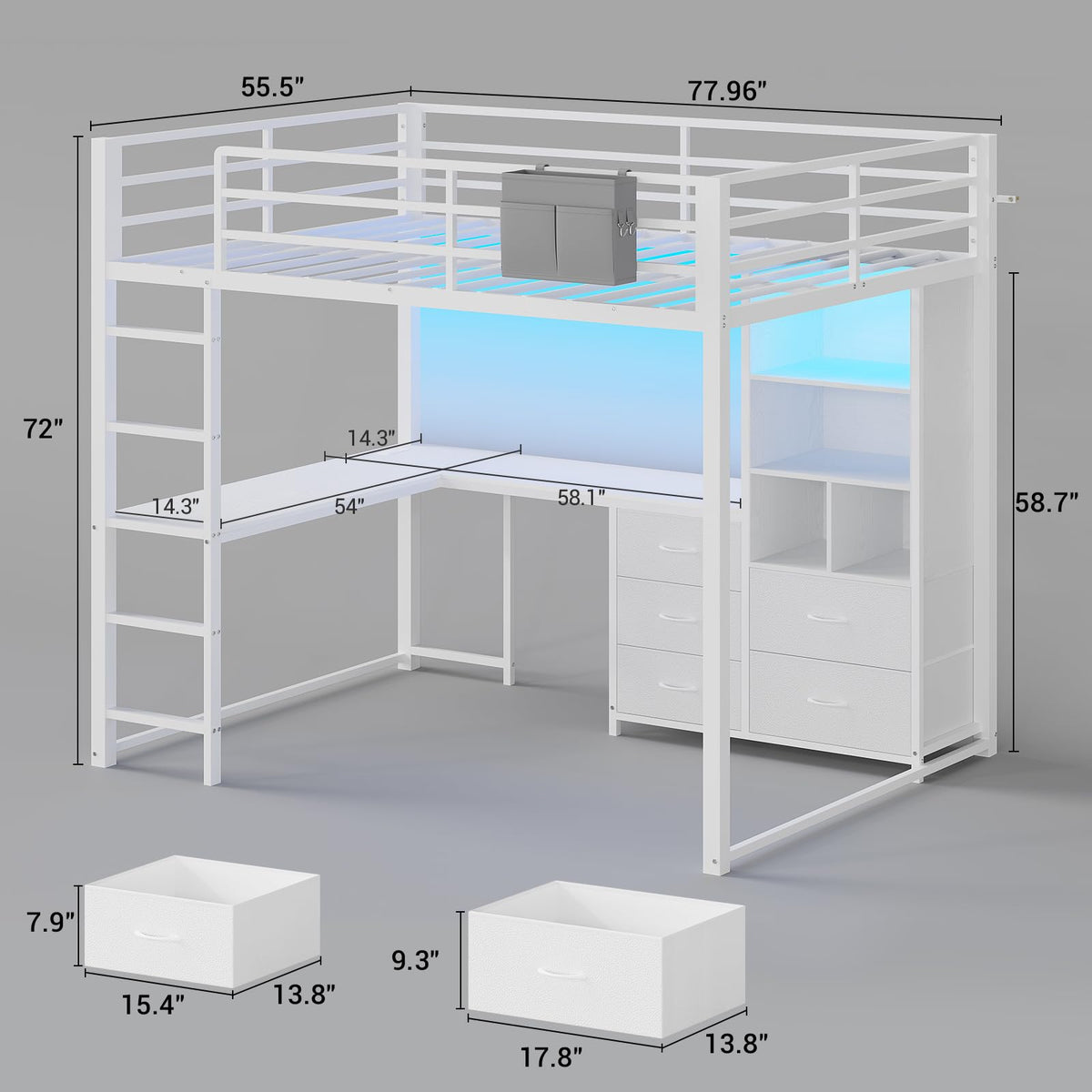 Full Size Loft Bed with L-Desk, Bookshelf & 5 Drawers
