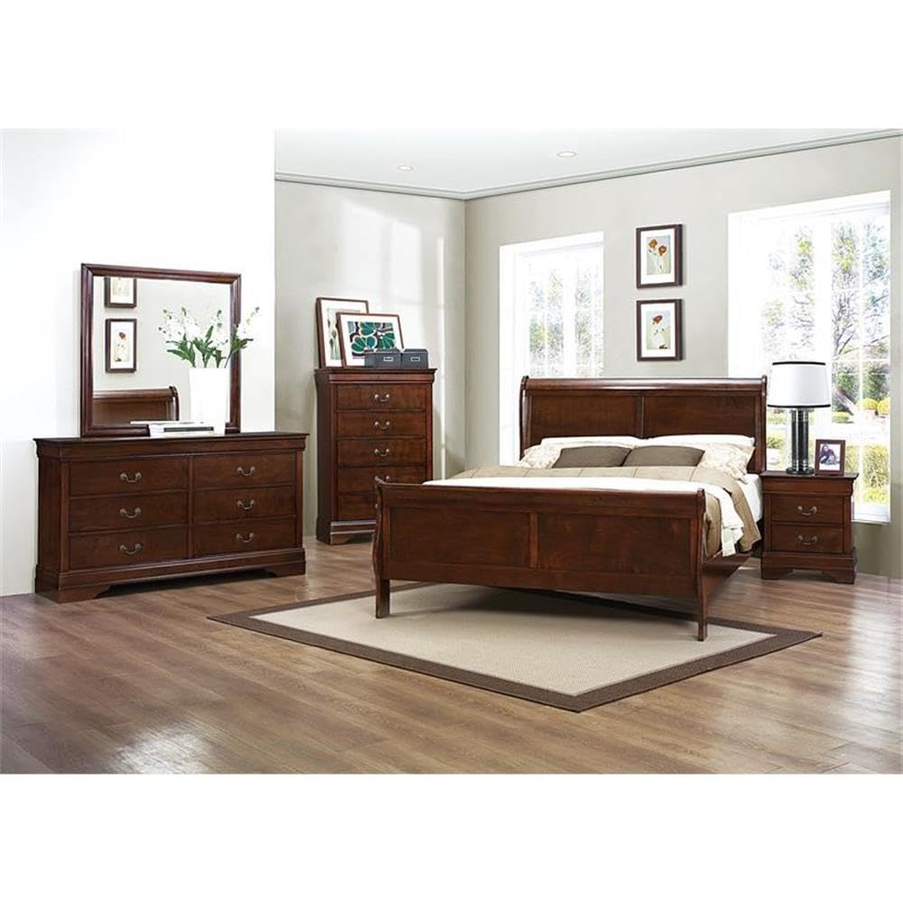 Traditional Wood Eastern King Sleigh Bed in Brown Cherry