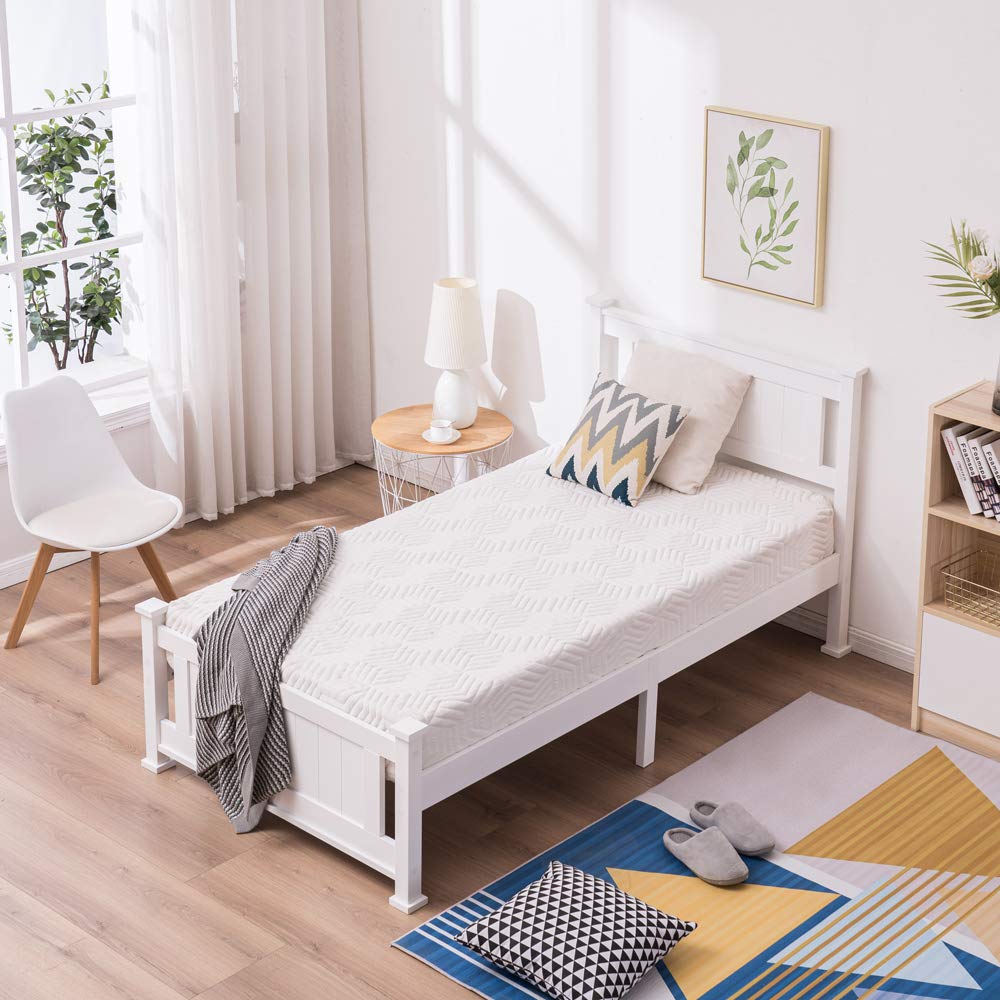 Twin Size Solid Wood Platform Bed Frame, Single Bed with Headboard, No Box