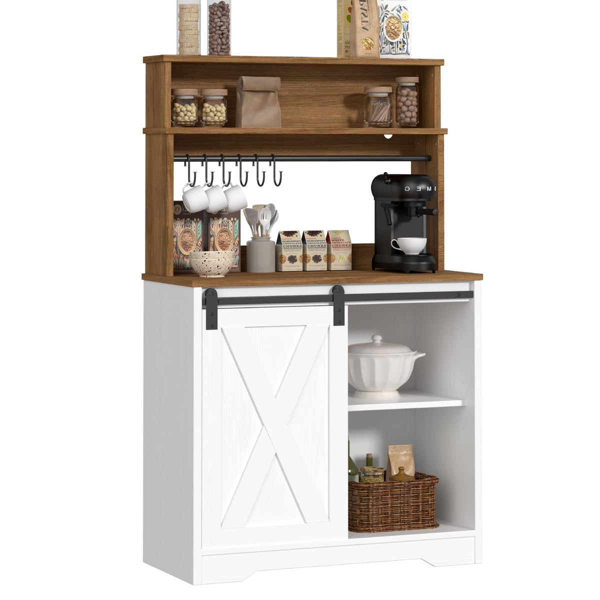 Farmhouse Coffee Bar Cabinet with Hutch & LED Light