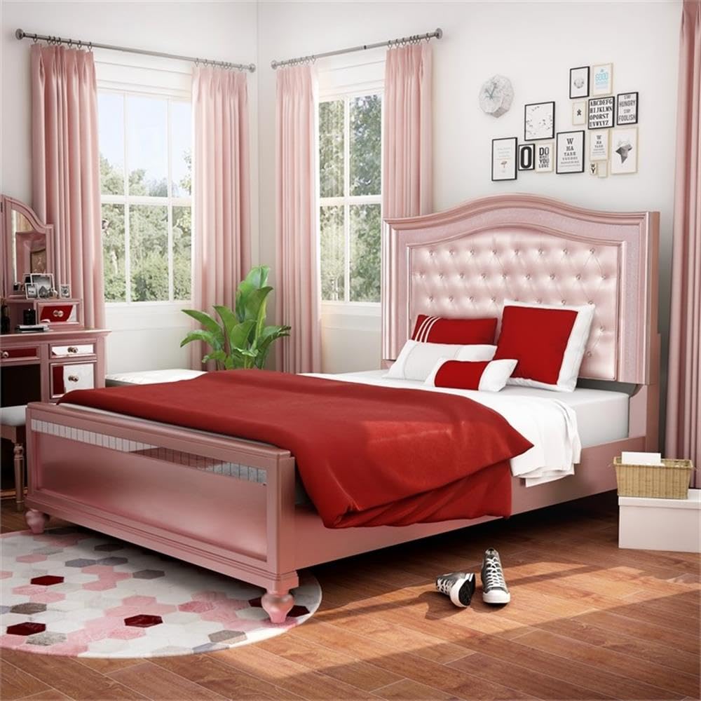 Paisley Contemporary Wood Queen Panel Bed in Rose Gold