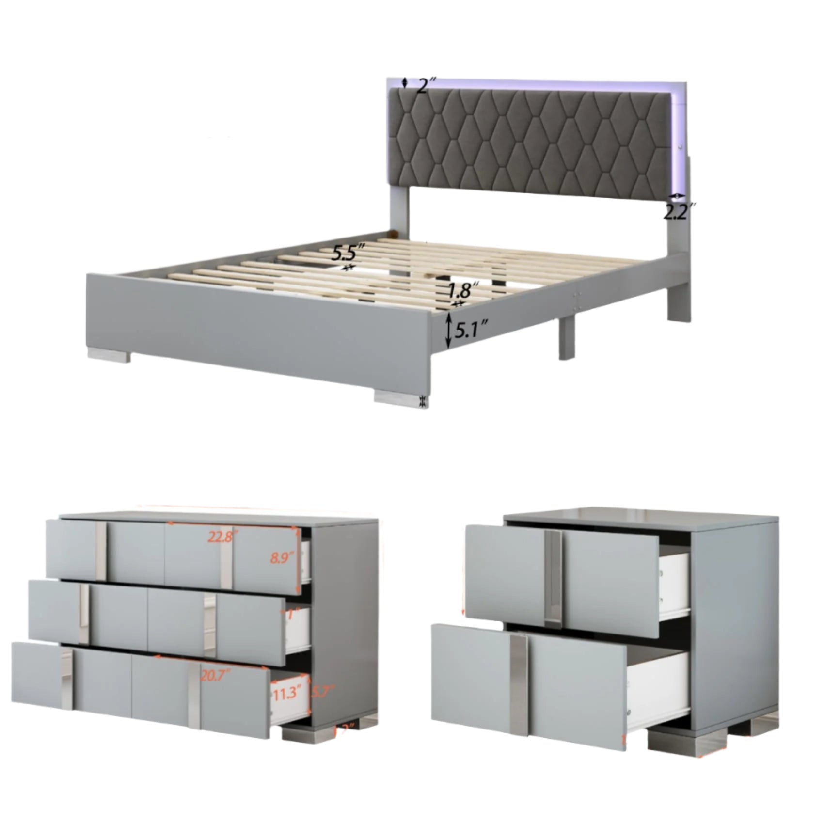 4-Pieces Bedroom Set, Queen Size Bed Frame Platform zetal Handle