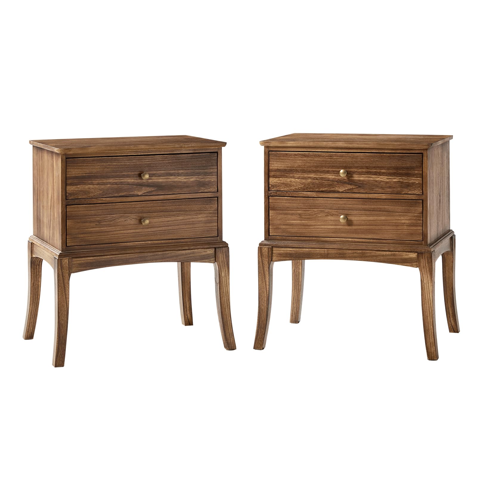 Solid Wood Nightstand Set of 2, Transitional Bedside Table with Charging Station