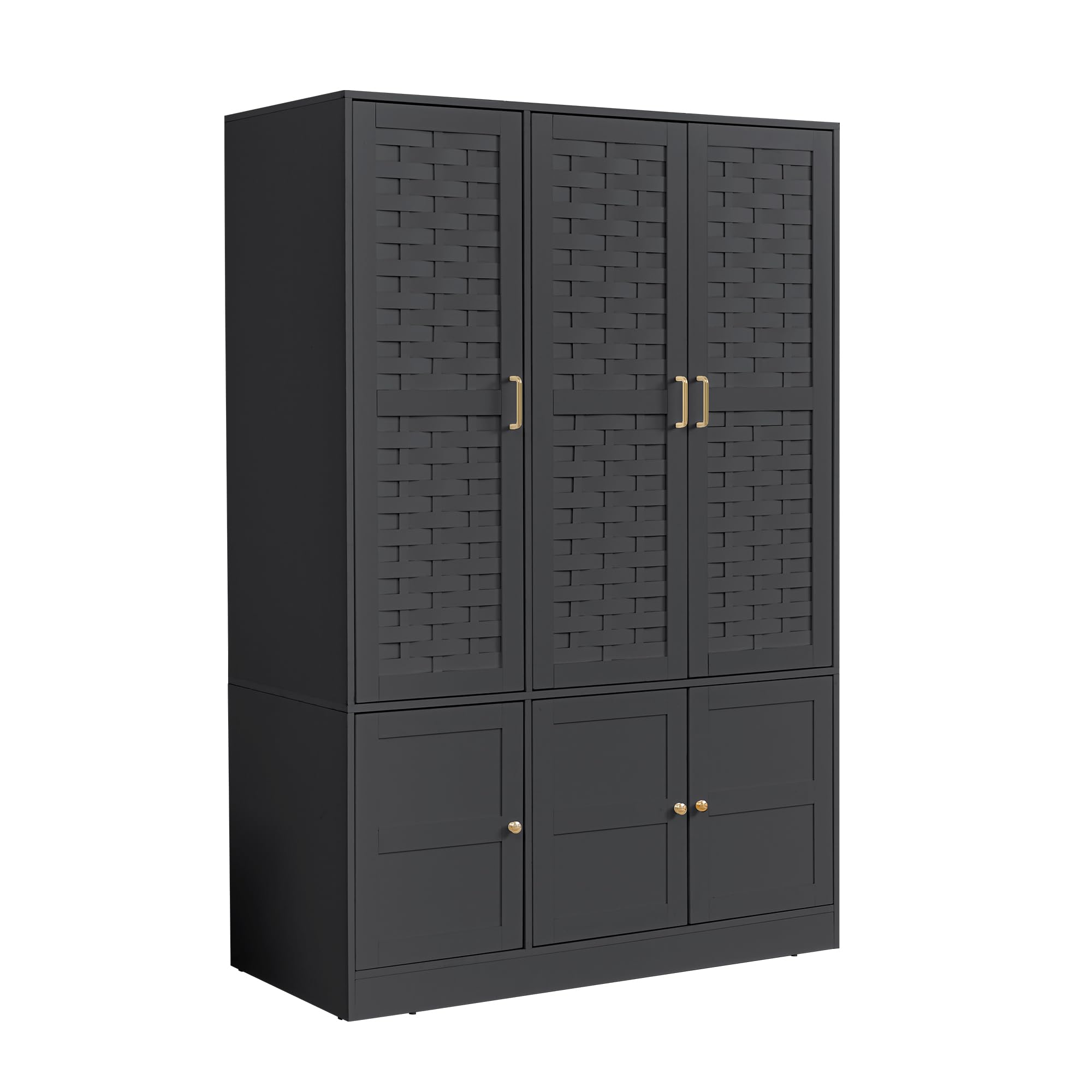 LEVNARY Wardrobe Closet with 6 Woven Doors, Walnut Armoire Wardrobe Cabinet for High Storage Capacity with Adjustable Shelves and Hanging Rail, Freestanding Tall Bedroom Closet (Black)