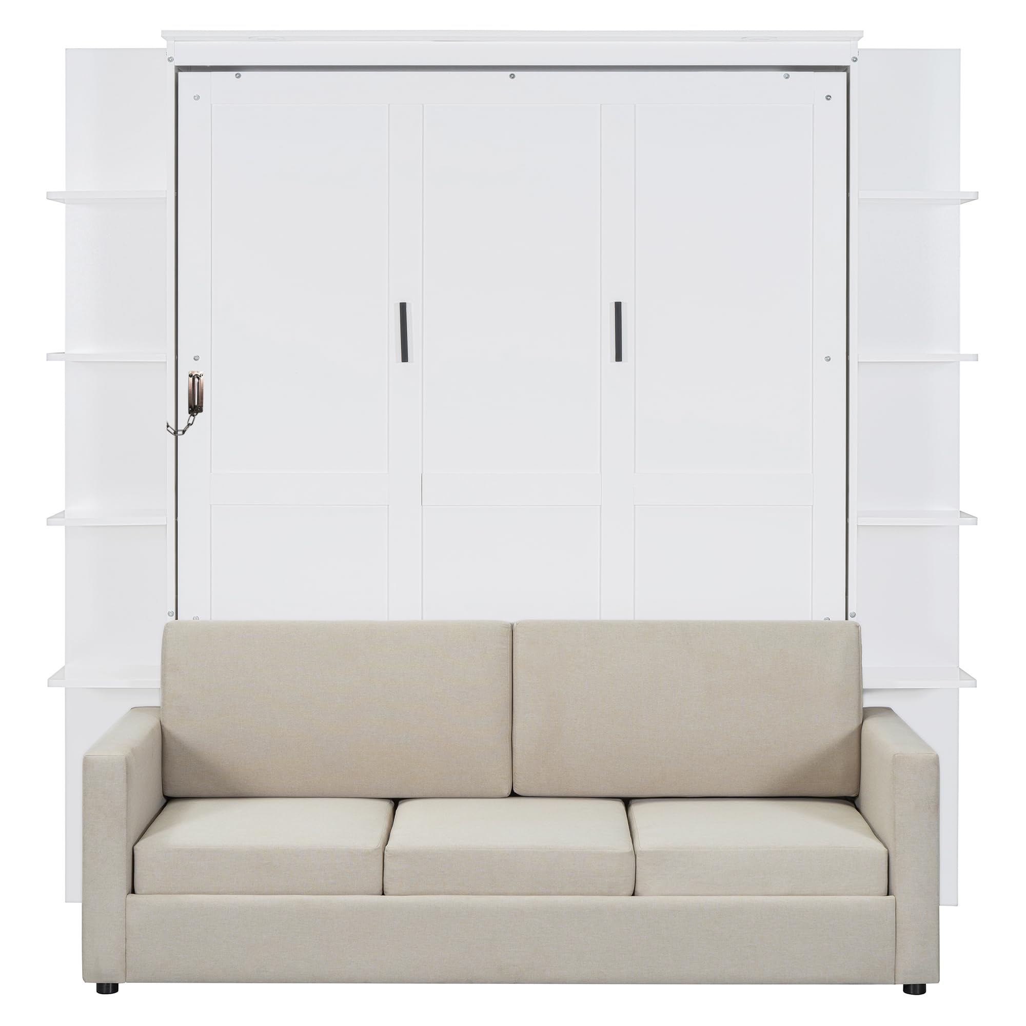 Queen Size Murphy Bed, Wood Wall Bed Frame with Storage Shelves