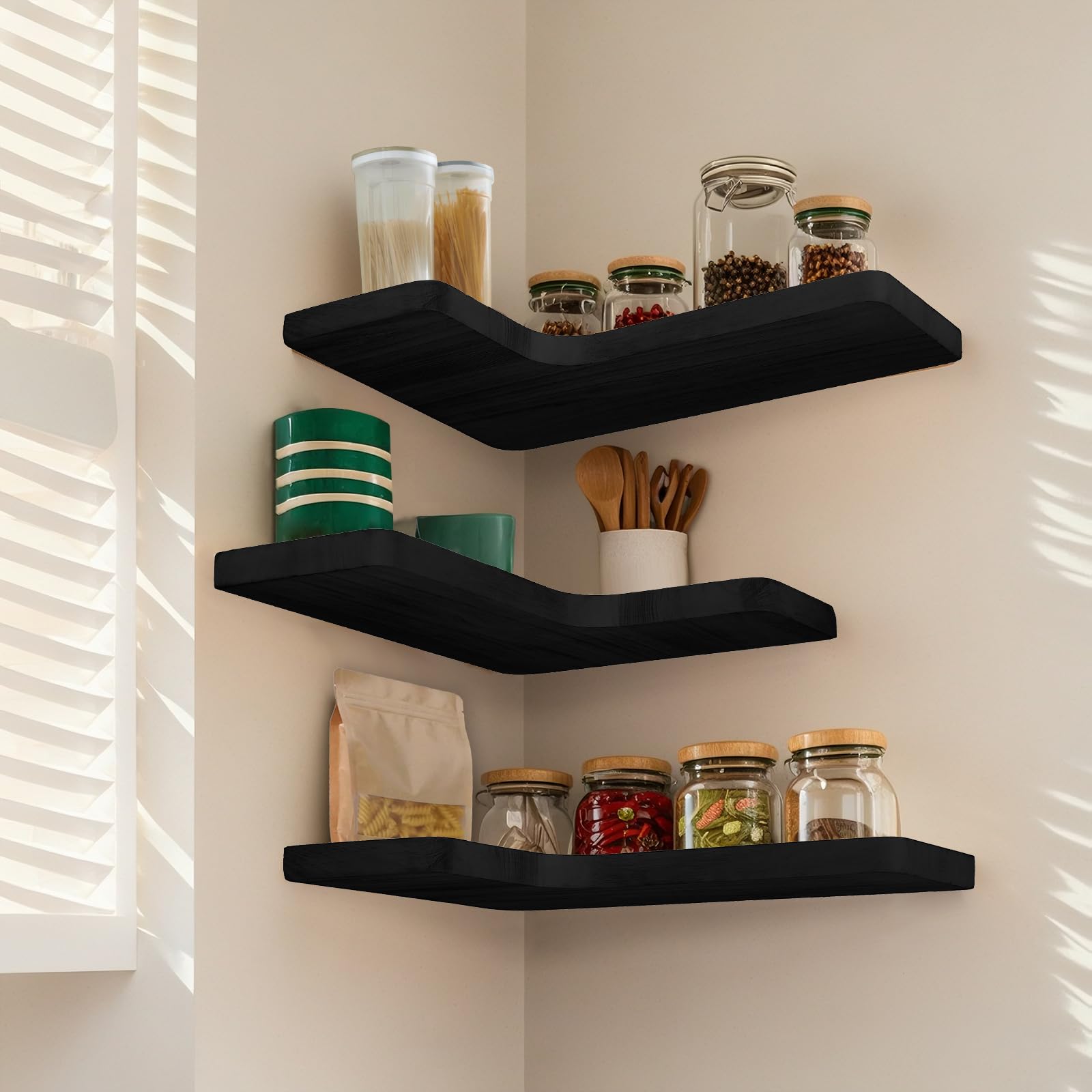Floating Corner Shelves Set of 3, Solid Wood Picture Wall Shelf