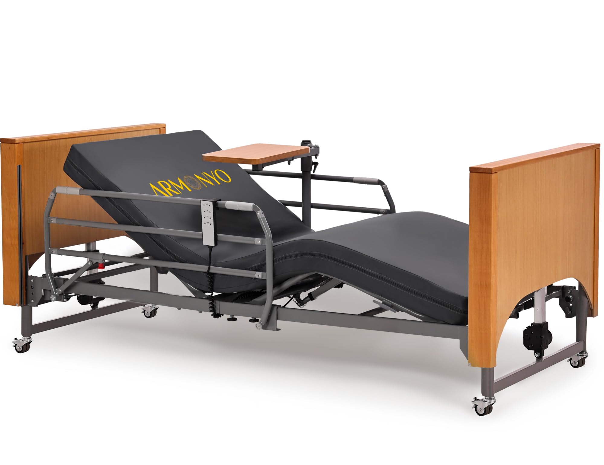 Electric Hospital Bed with Medical Mattress, Overbed Table & Rails