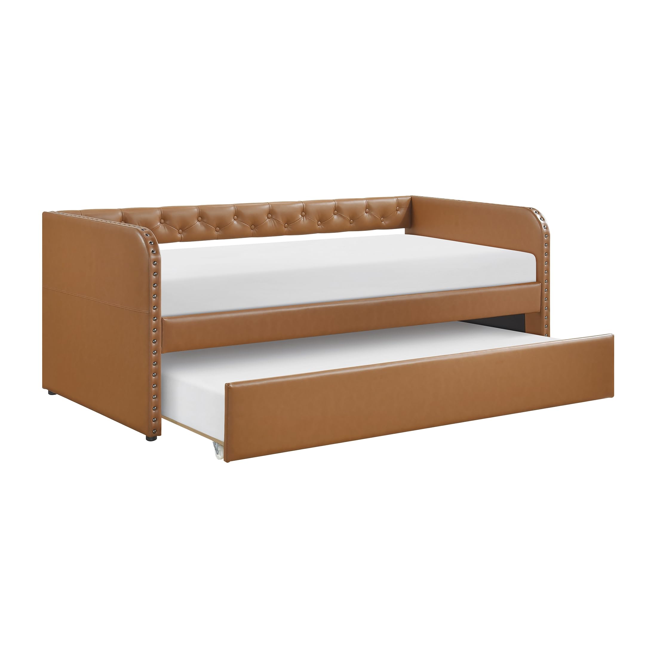 Daybed with Trundle, Solid Wood Frame, Nailhead Trim, Wood Slat Support