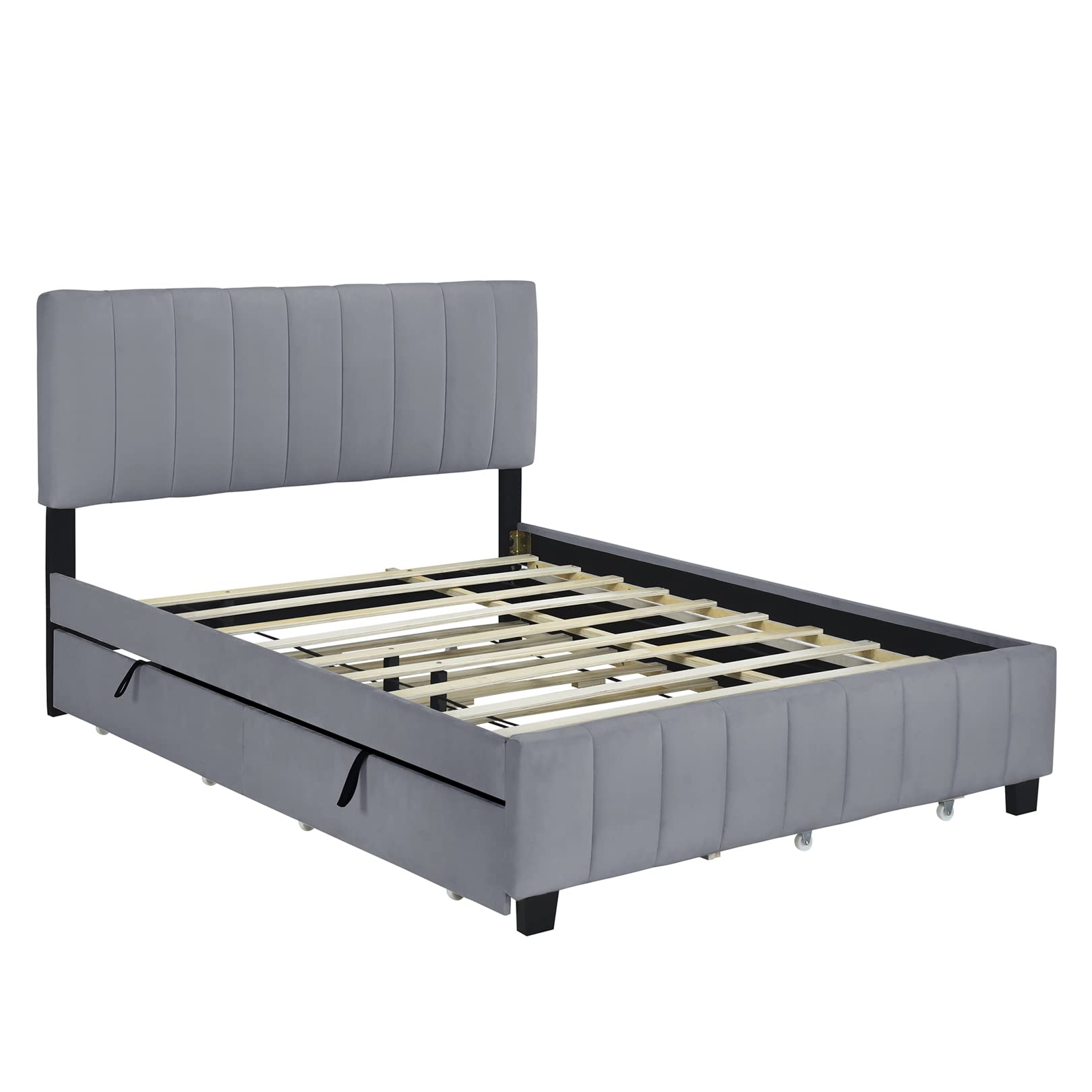 Queen Size Velvet Upholstered Platform Bed Frames with 2 Storage Drawers