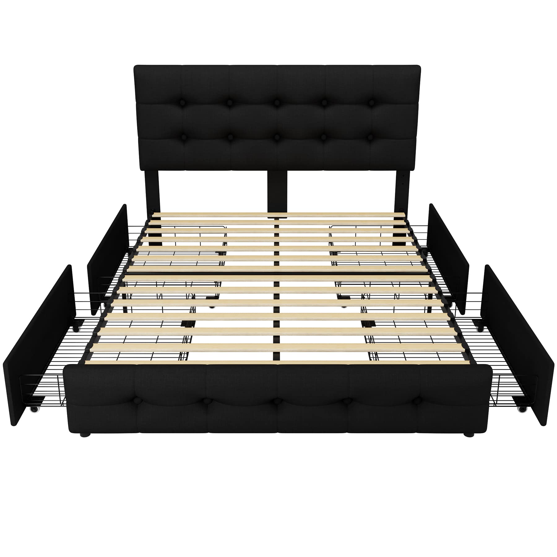 Queen Bed Frame with 4 Storage Drawers and Adjustable Headboard, Upholstered Platform