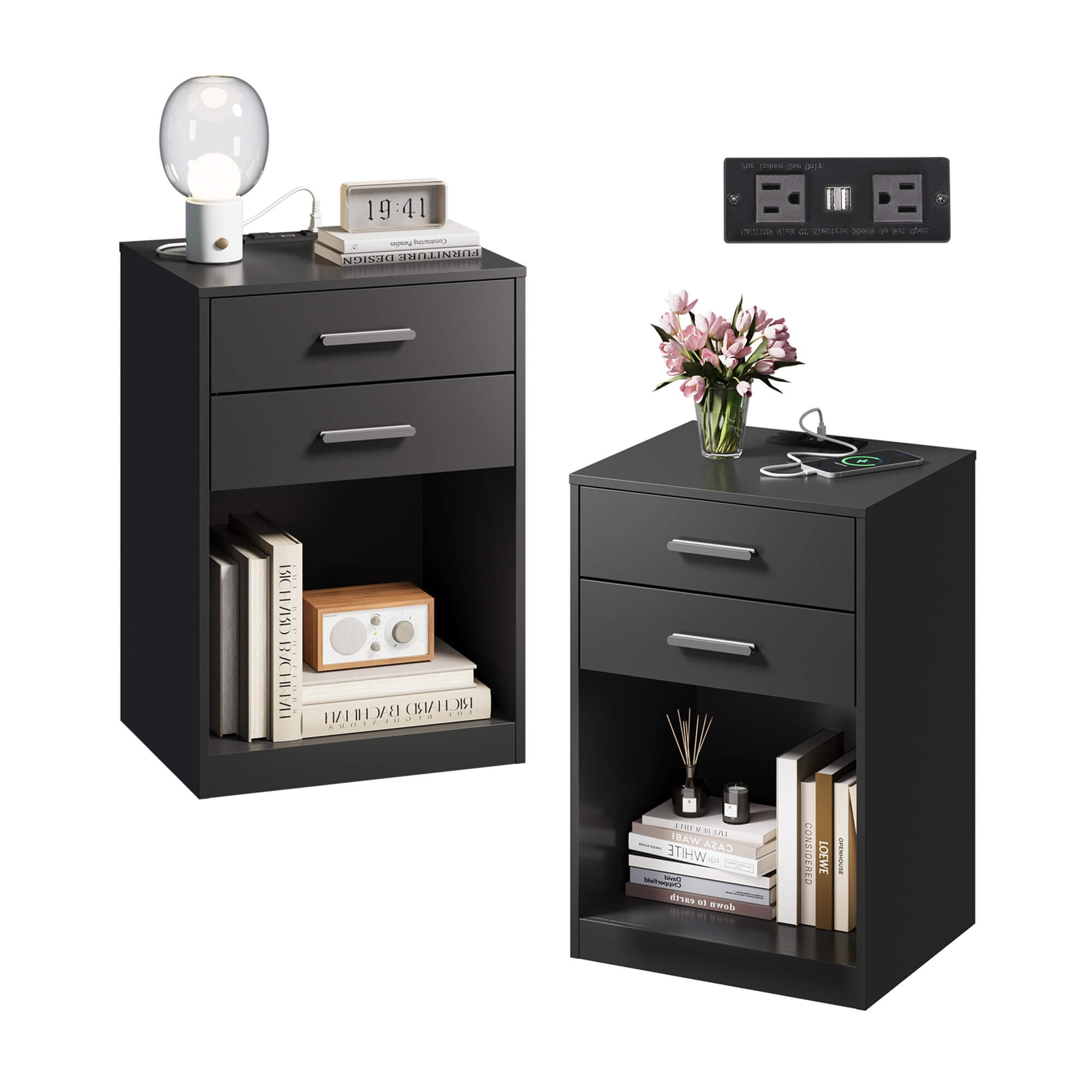 Nightstand Set of 2 with Charging Station, Wood Night Stand Sets