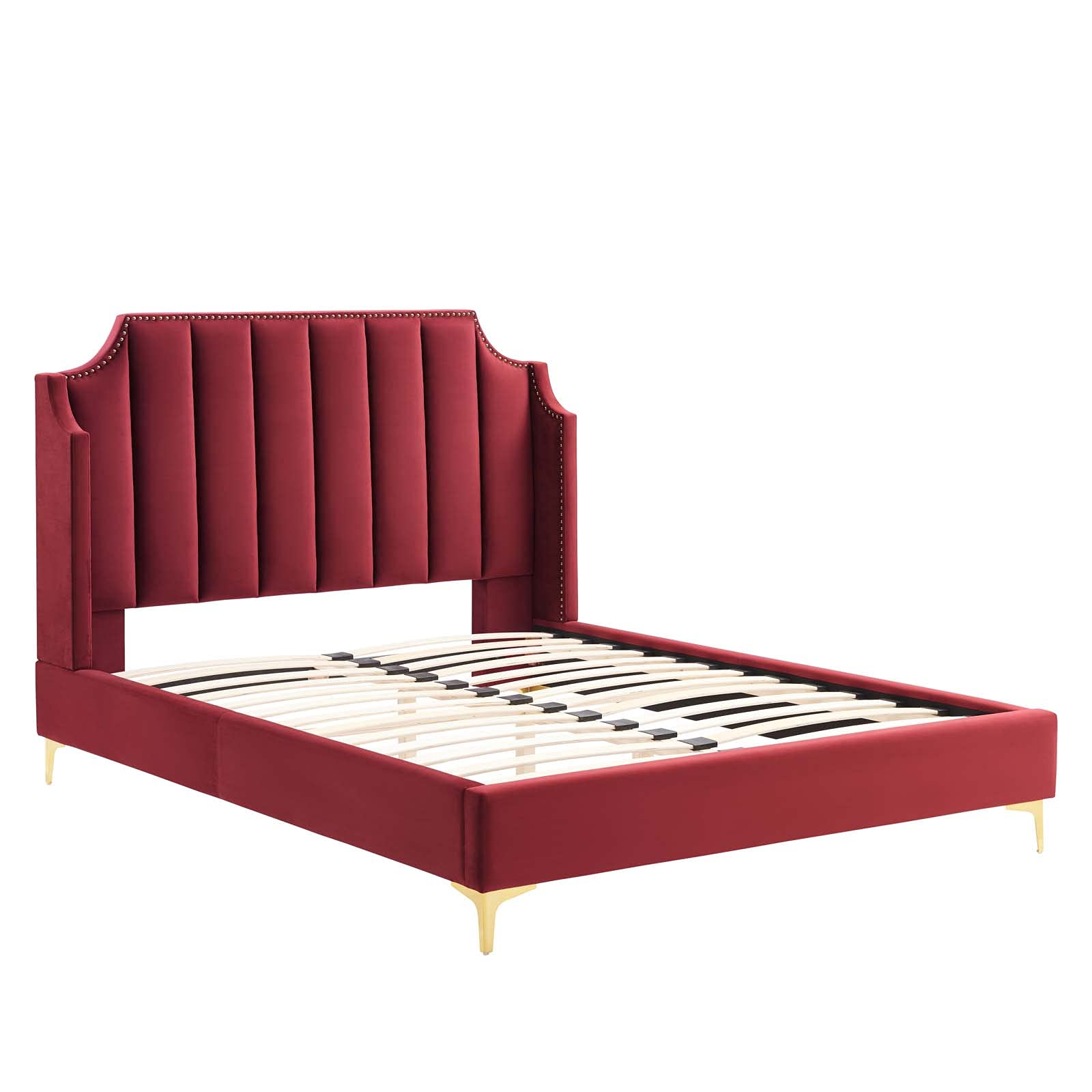 6412-MAR Daniella Performance Velvet Queen Platform Bed, Maroon