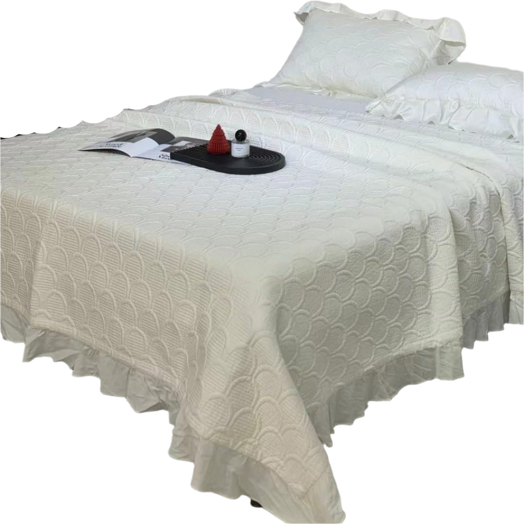 Queen Size Quilt Set Cream White Quilt Set Cooling Summer Quilts Ruffled Oversized