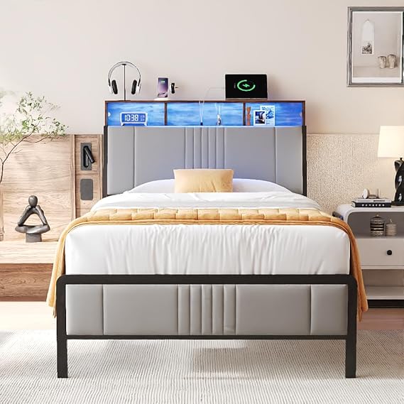Queen Size Bed Frame with Storage Headboard and Charging Station