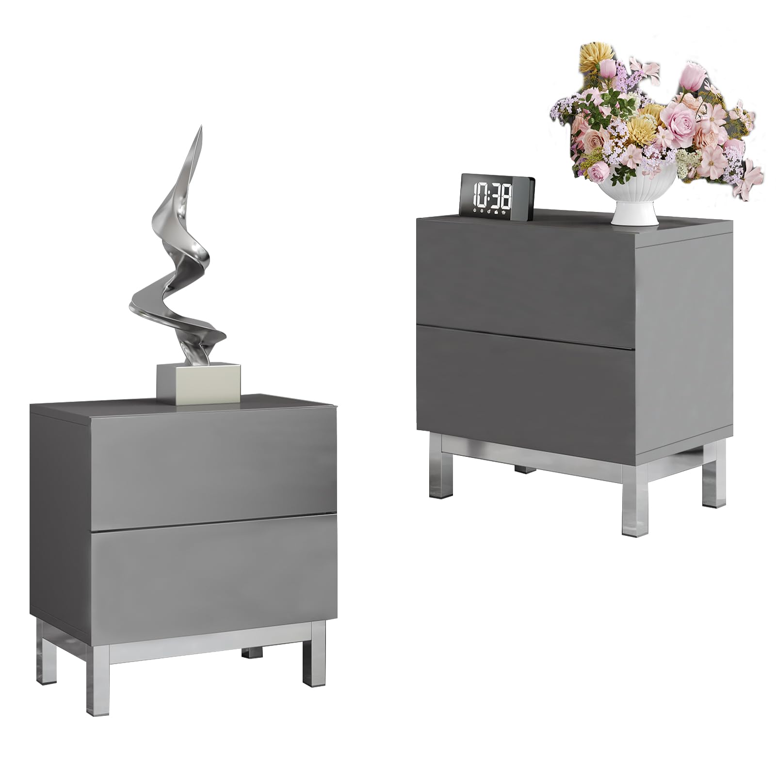 Modern Minimalist Nightstand Set of 2, 24" High Gloss Electroplated Sofa Side Table