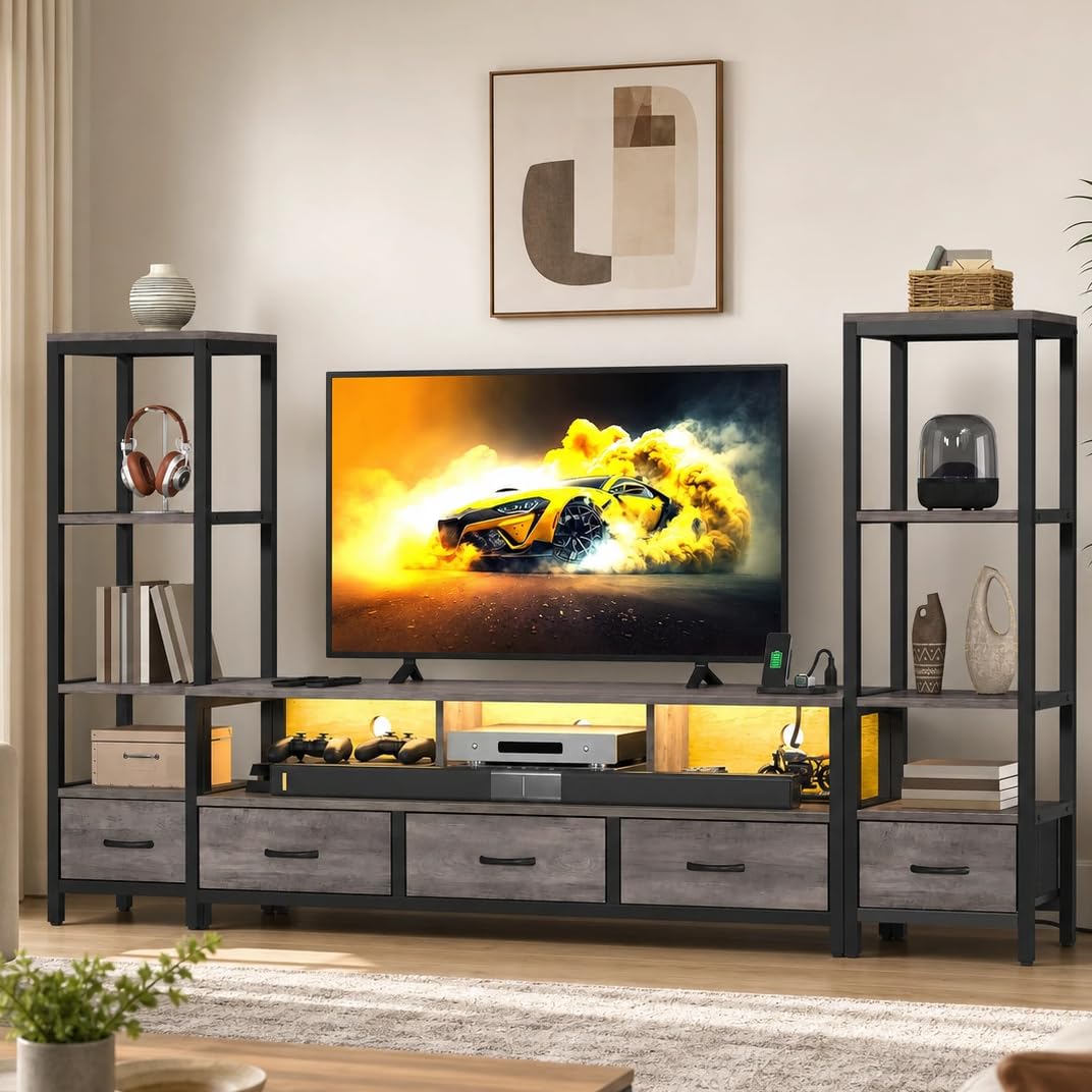 89" Industrial TV Stand with Bookshelves, LED Lighting and Power Outlets