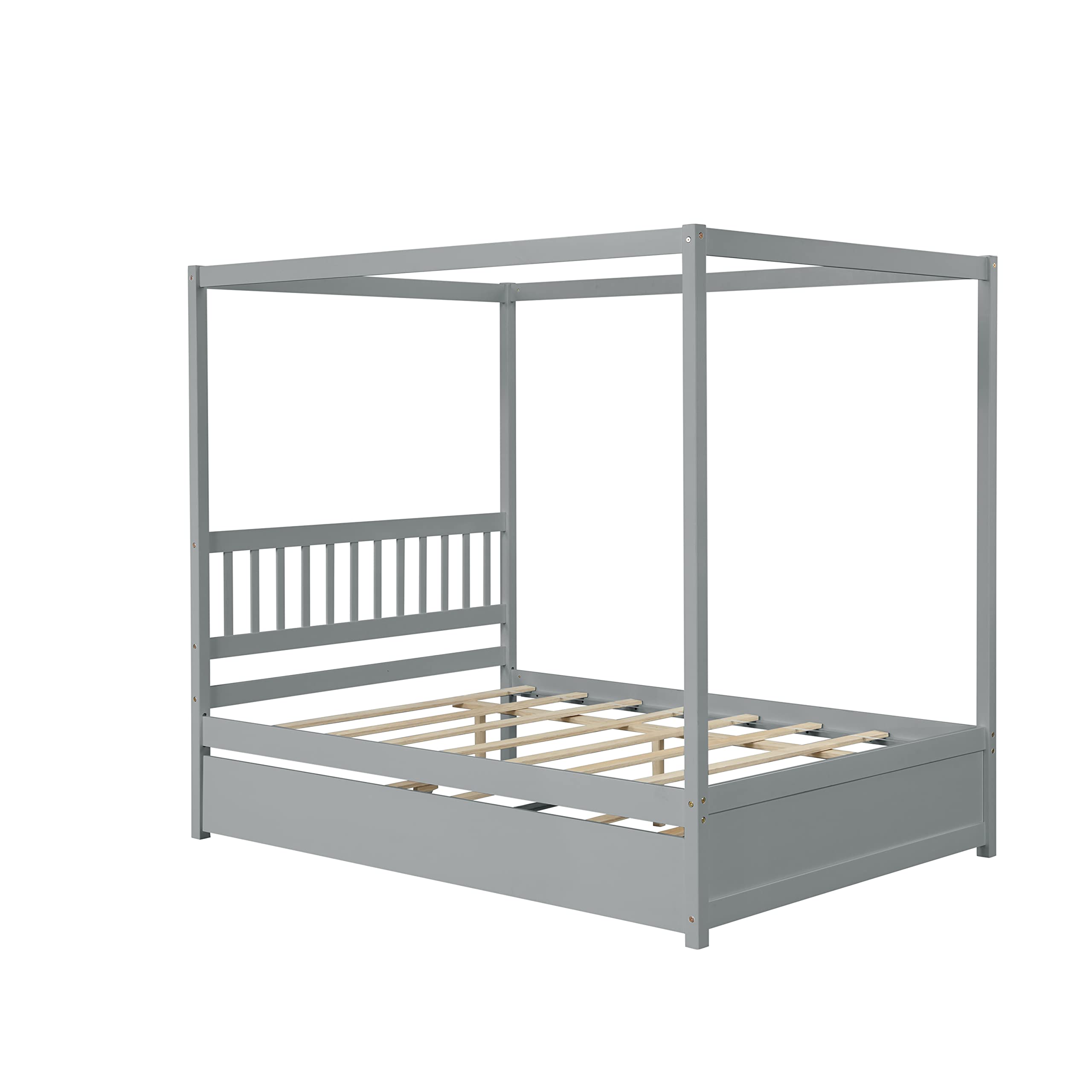 Full Size Canopy Bed Frame with Trundle, Four-Poster Canopy Platform Bed Frame
