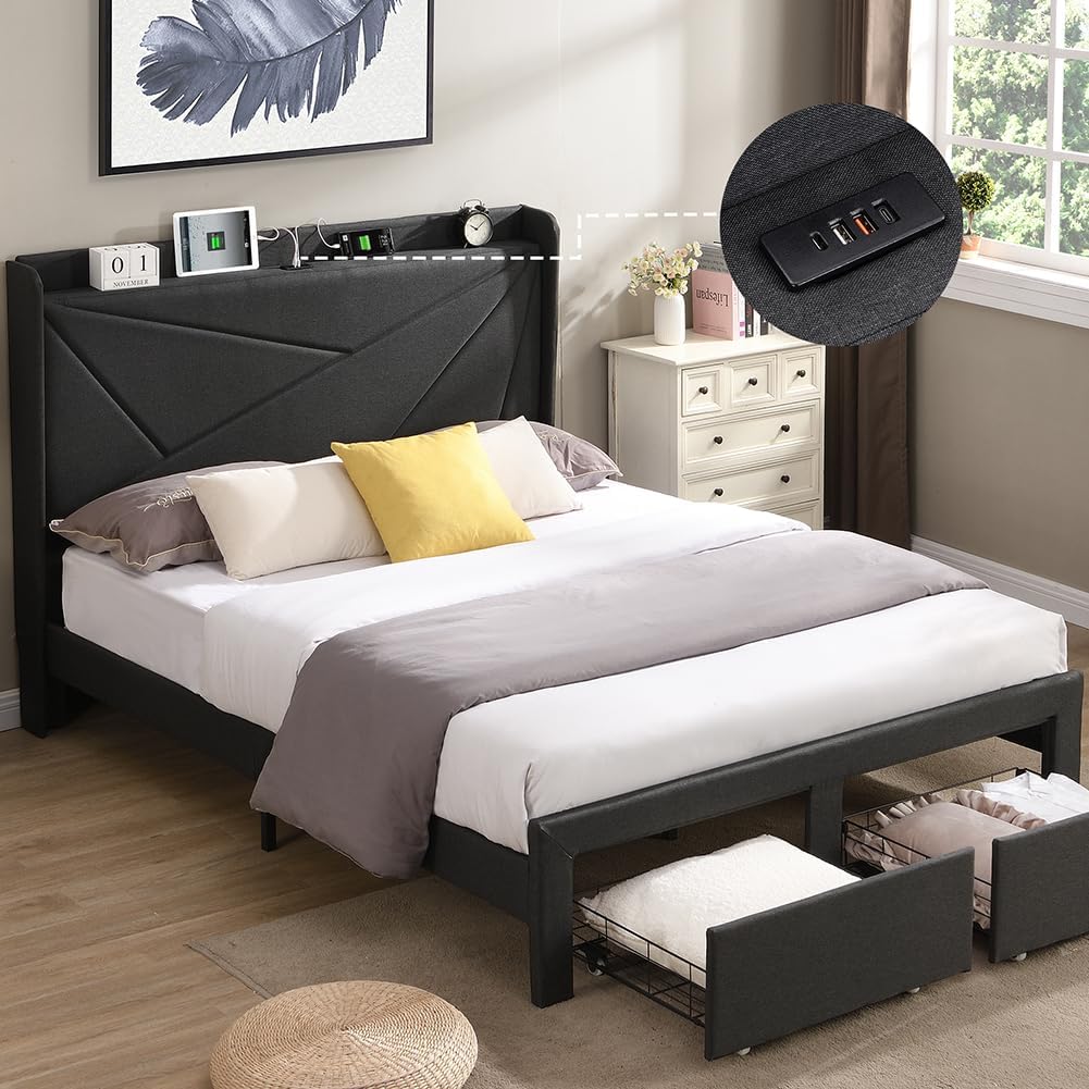 Queen Bed Frame with 2 Storage Drawers, Upholstered Bed Frame with Charging Station