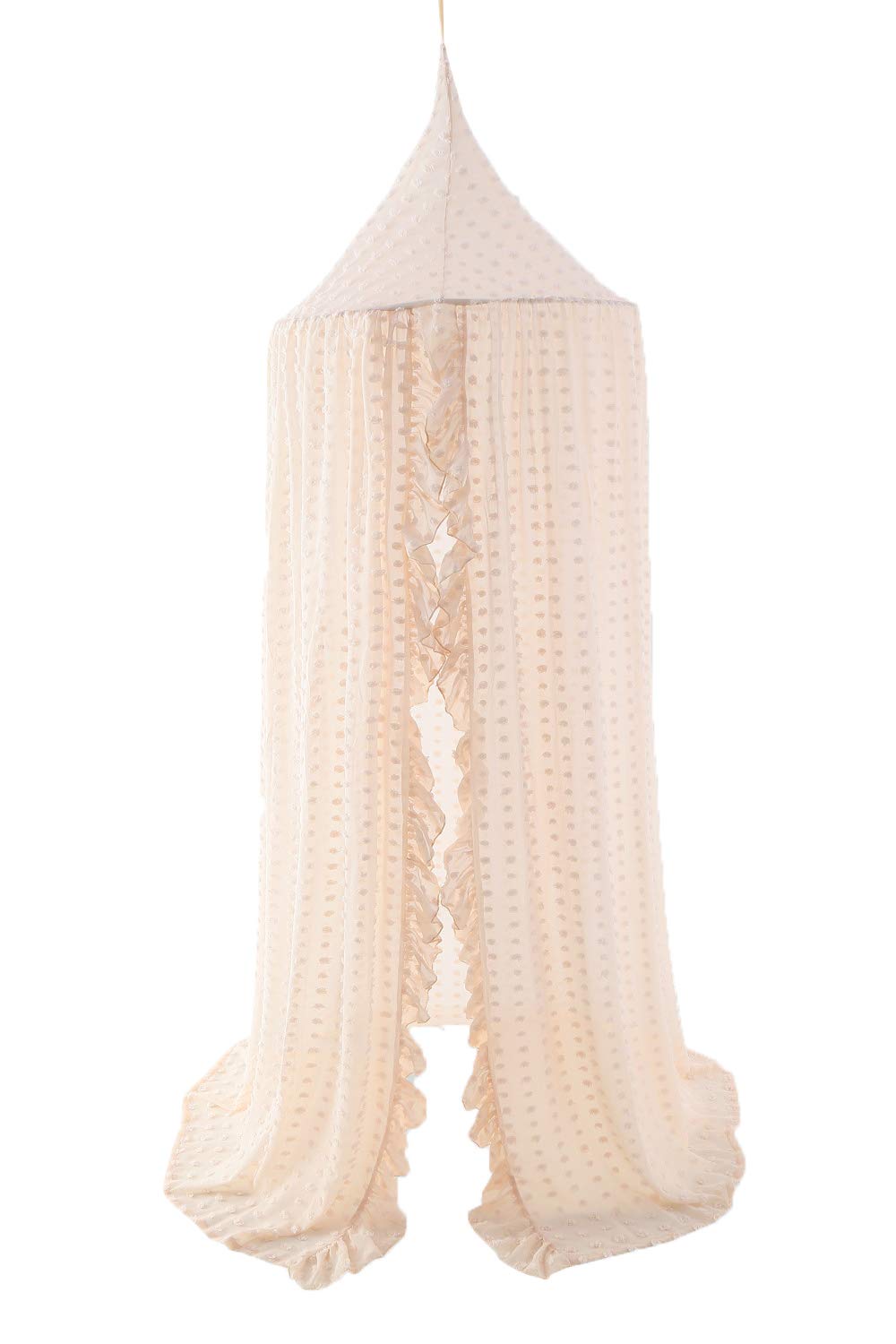 Elegant Kids Bed Canopy - Lace Chiffon Netting with Pom Pom, Princess Girls Fairy Dream