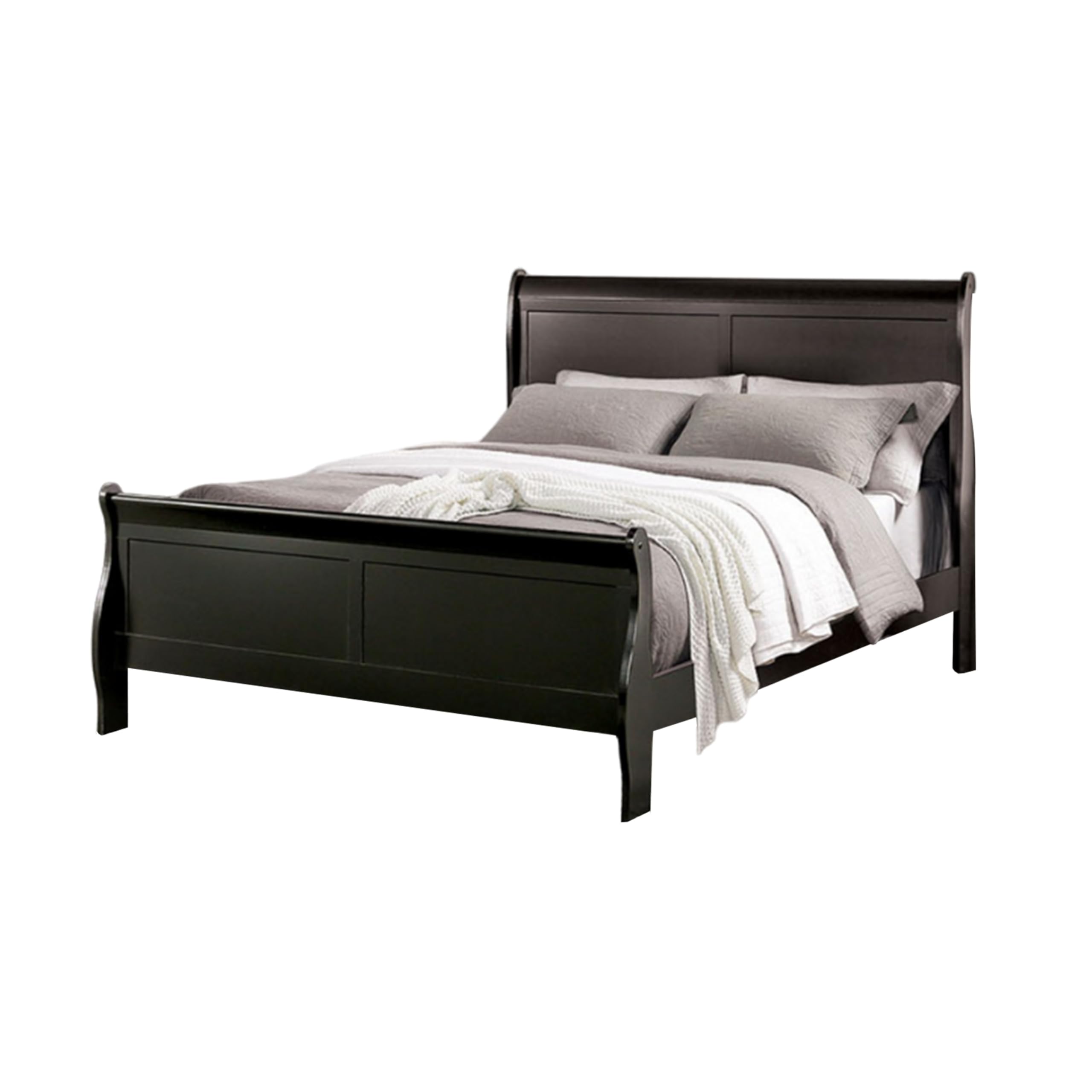 RYLA Queen Size Bed, Classic Sleigh Panel Headboard, Black Solid Wood
